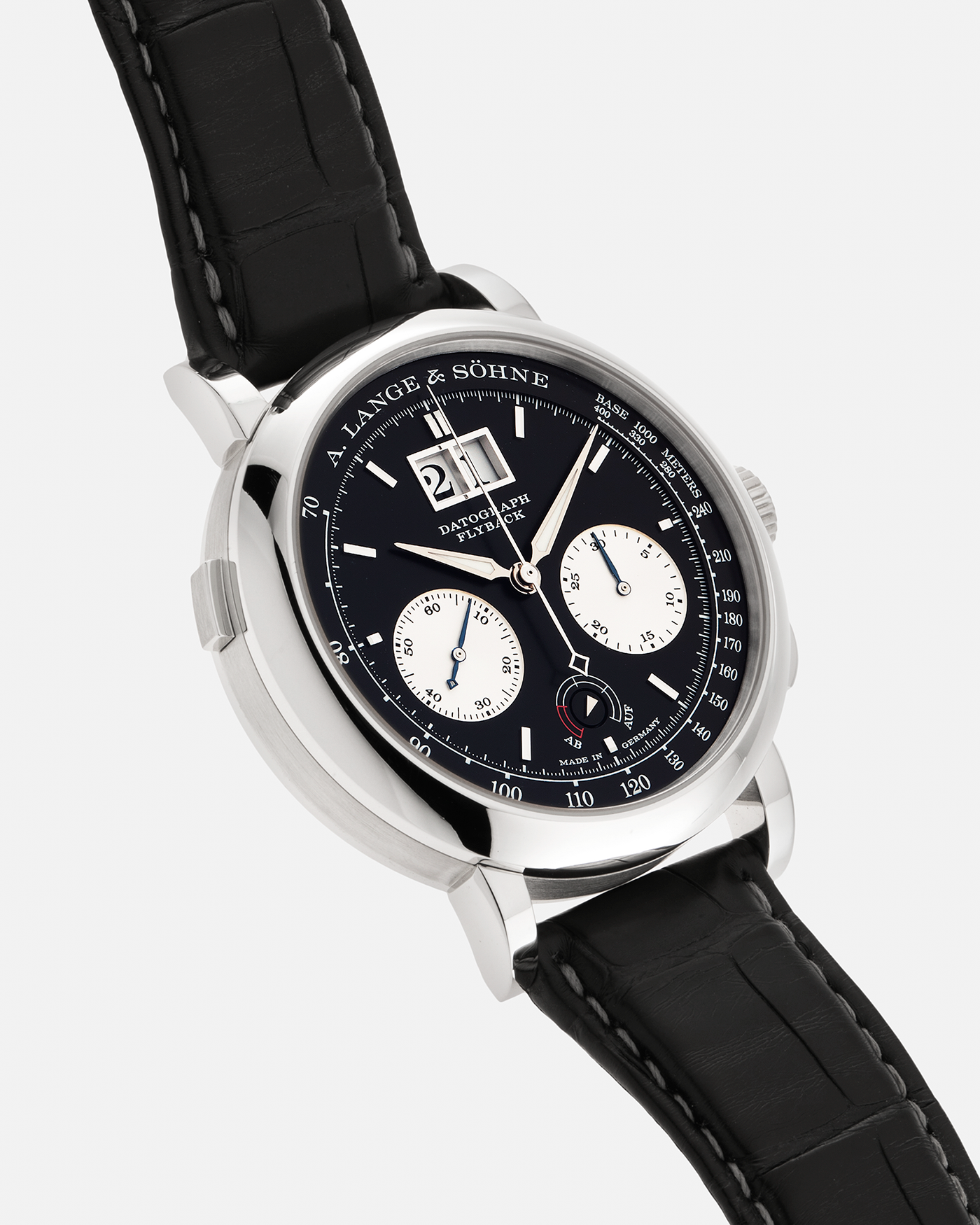Brand: A. Lange & Söhne Year: 2020 Model: Datograph Up/Down Reference Number: 405.035 Material: Platinum 950 Movement: A. Lange & Söhne Cal. L951.6, Manual-Winding Case Dimensions: 41mm x 13.1mm Lug Width: 20mm Strap: A. Lange & Söhne Black Alligator Strap with Signed Platinum 950 Tang Buckle