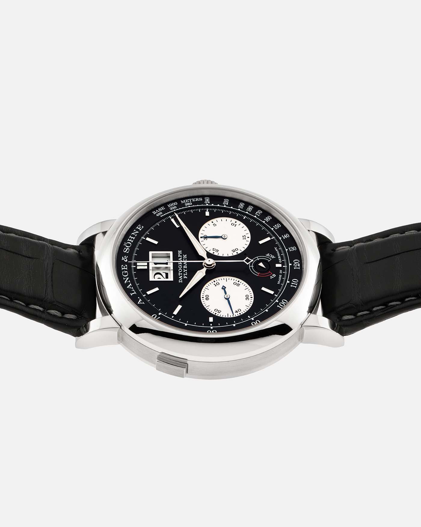 Brand: A. Lange & Söhne Year: 2020 Model: Datograph Up/Down Reference Number: 405.035 Material: Platinum 950 Movement: A. Lange & Söhne Cal. L951.6, Manual-Winding Case Dimensions: 41mm x 13.1mm Lug Width: 20mm Strap: A. Lange & Söhne Black Alligator Strap with Signed Platinum 950 Tang Buckle