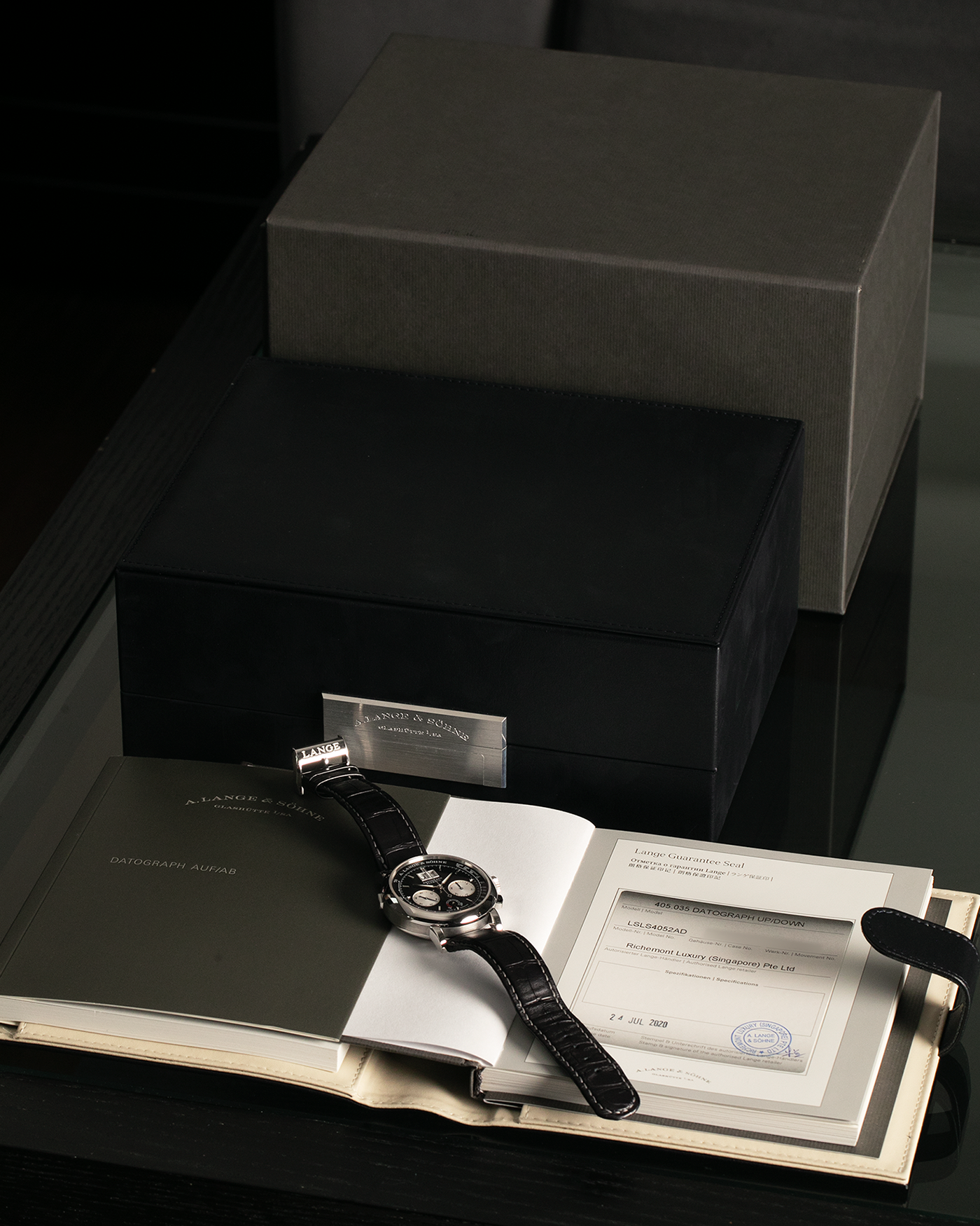 Brand: A. Lange & Söhne Year: 2020 Model: Datograph Up/Down Reference Number: 405.035 Material: Platinum 950 Movement: A. Lange & Söhne Cal. L951.6, Manual-Winding Case Dimensions: 41mm x 13.1mm Lug Width: 20mm Strap: A. Lange & Söhne Black Alligator Strap with Signed Platinum 950 Tang Buckle