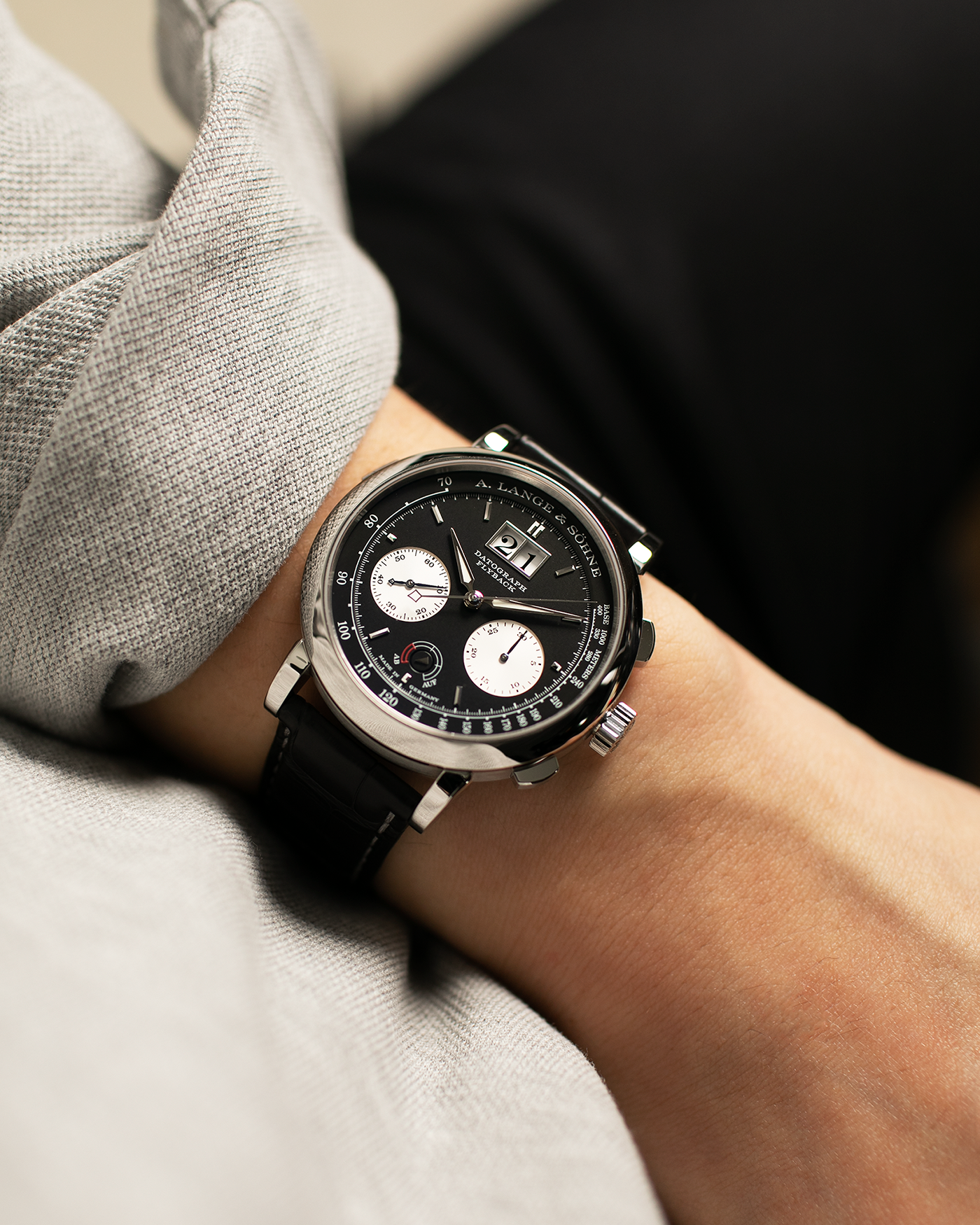Brand: A. Lange & Söhne Year: 2020 Model: Datograph Up/Down Reference Number: 405.035 Material: Platinum 950 Movement: A. Lange & Söhne Cal. L951.6, Manual-Winding Case Dimensions: 41mm x 13.1mm Lug Width: 20mm Strap: A. Lange & Söhne Black Alligator Strap with Signed Platinum 950 Tang Buckle