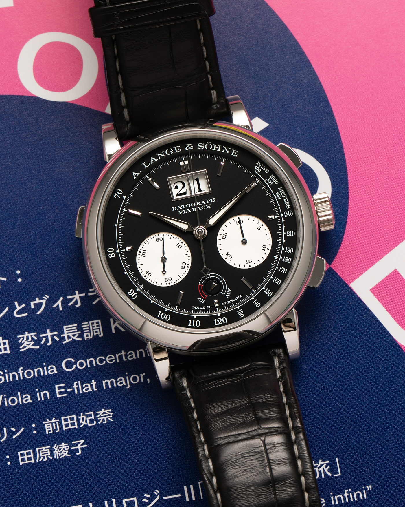 Brand: A. Lange & Söhne Year: 2020 Model: Datograph Up/Down Reference Number: 405.035 Material: Platinum 950 Movement: A. Lange & Söhne Cal. L951.6, Manual-Winding Case Dimensions: 41mm x 13.1mm Lug Width: 20mm Strap: A. Lange & Söhne Black Alligator Strap with Signed Platinum 950 Tang Buckle
