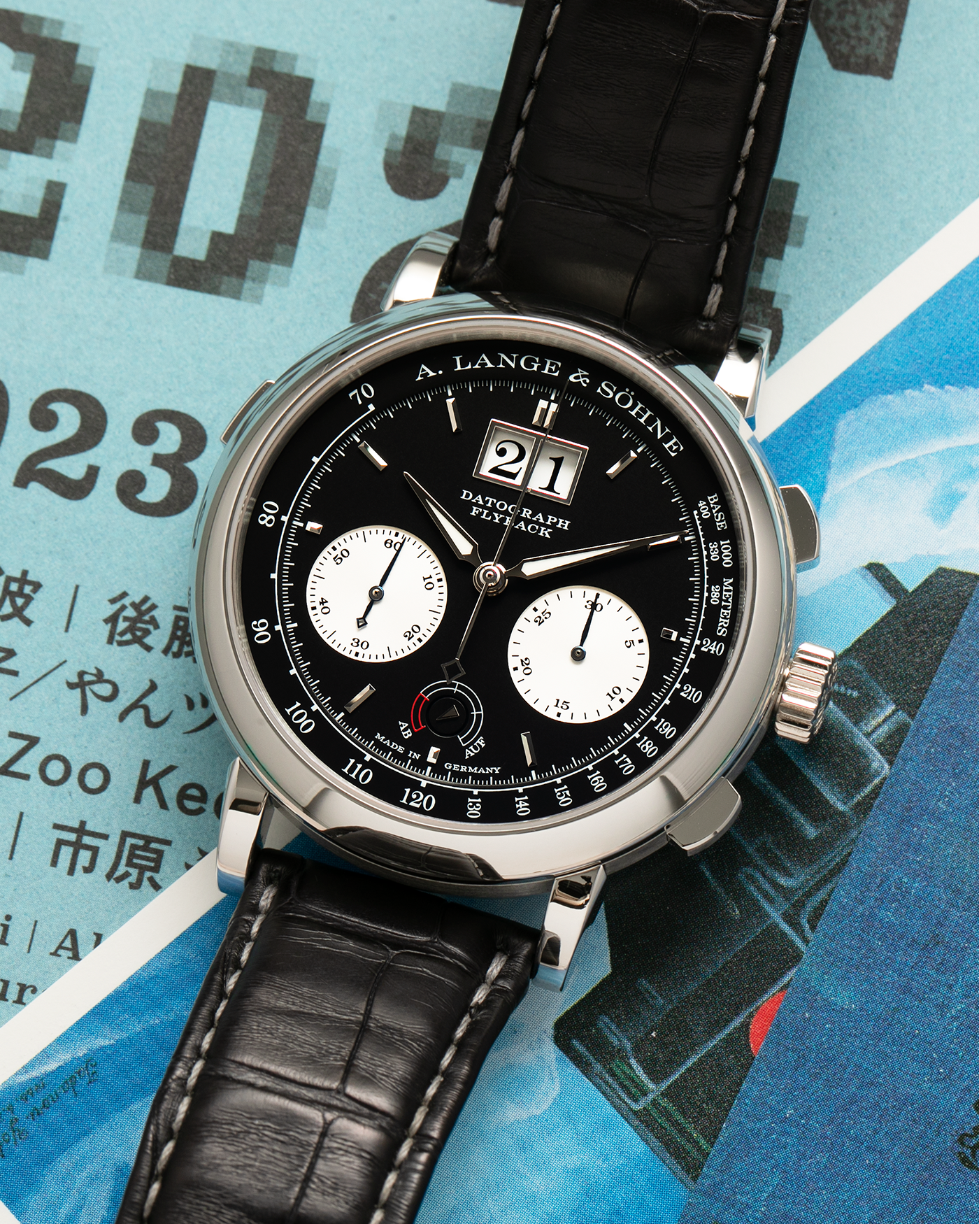 Brand: A. Lange & Söhne Year: 2020 Model: Datograph Up/Down Reference Number: 405.035 Material: Platinum 950 Movement: A. Lange & Söhne Cal. L951.6, Manual-Winding Case Dimensions: 41mm x 13.1mm Lug Width: 20mm Strap: A. Lange & Söhne Black Alligator Strap with Signed Platinum 950 Tang Buckle