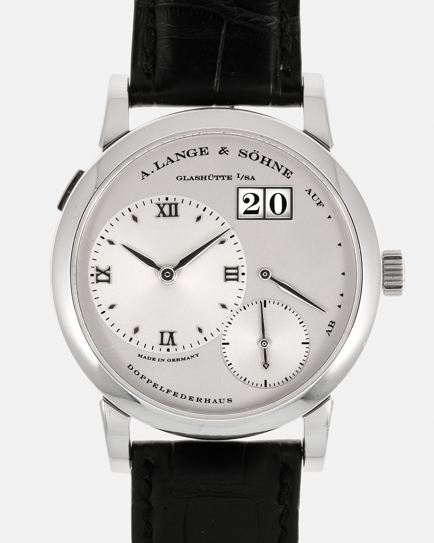 Brand: A. Lange & Söhne Year: 2000’s Model: Lange 1  Reference Number: 101.025 ‘Stealth’ Material: Platinum 950 Movement: A. Lange & Söhne Cal. L901.0, Manual-Winding Case Diameter: 38.5mm x 9.8mm Lug Width: 20mm Strap: A. Lange & Söhne Black Alligator Leather Strap with Signed Platinum 950 Tang Buckle