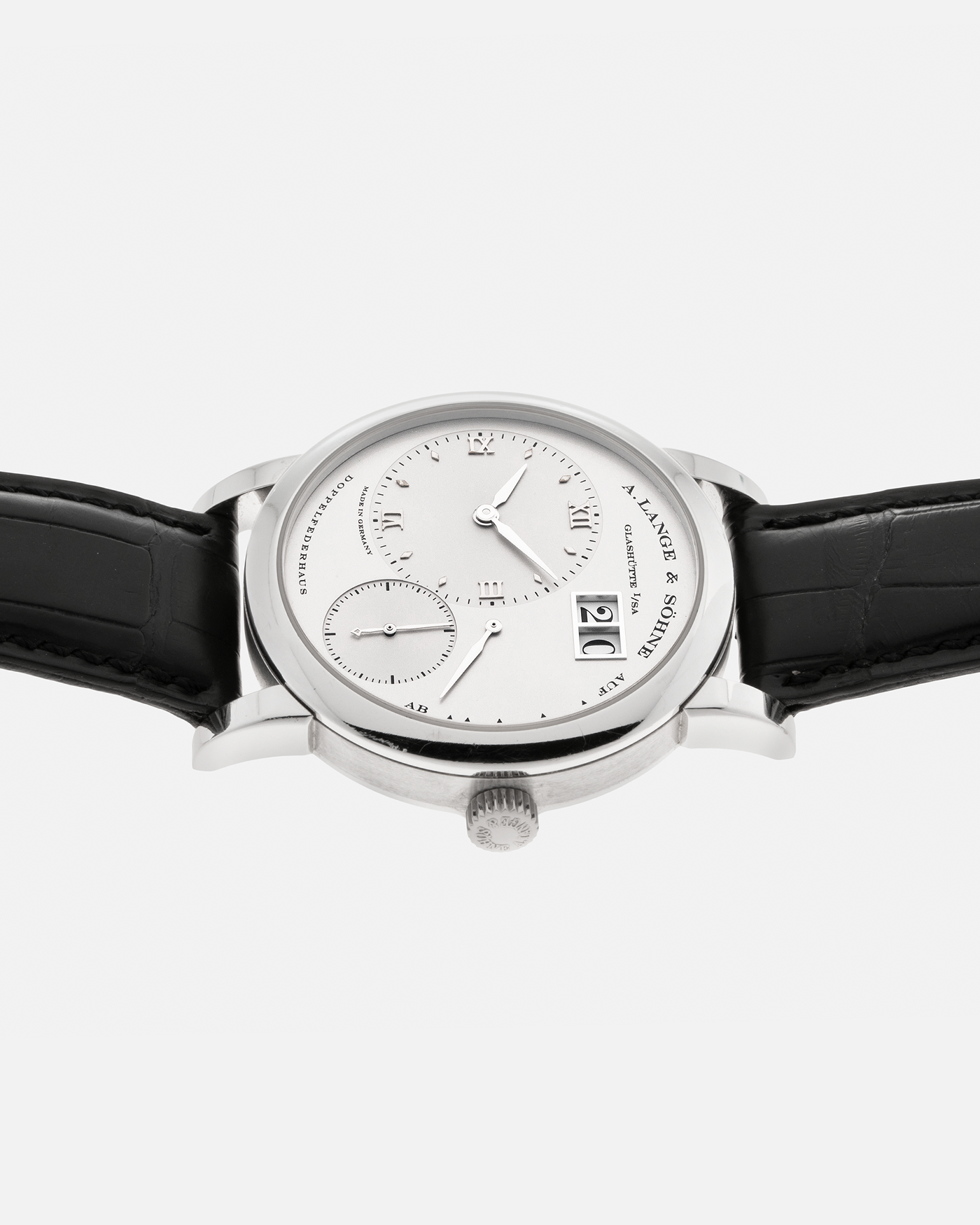Brand: A. Lange & Söhne Year: 2000’s Model: Lange 1  Reference Number: 101.025 ‘Stealth’ Material: Platinum 950 Movement: A. Lange & Söhne Cal. L901.0, Manual-Winding Case Diameter: 38.5mm x 9.8mm Lug Width: 20mm Strap: A. Lange & Söhne Black Alligator Leather Strap with Signed Platinum 950 Tang Buckle