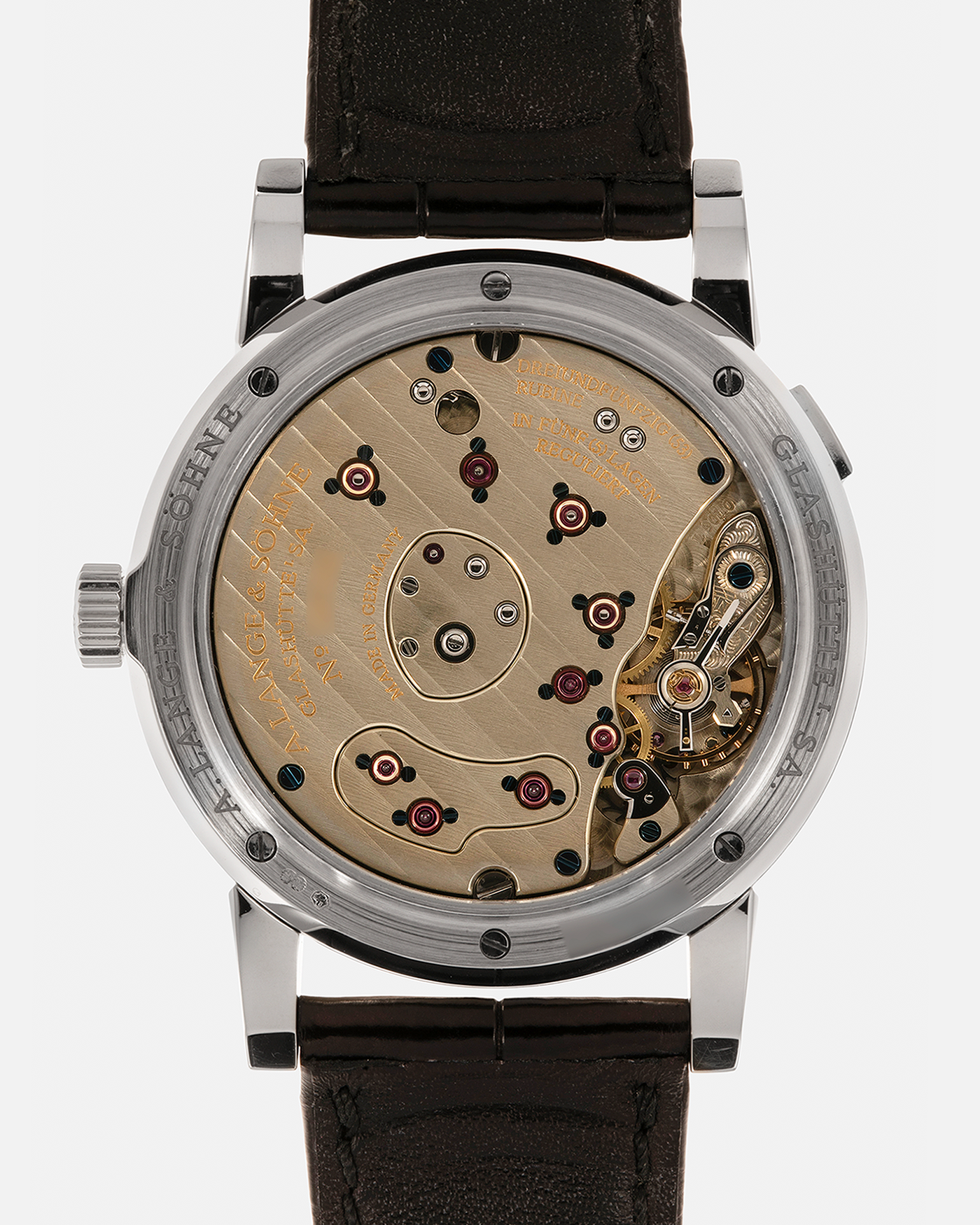 Brand: A. Lange & Söhne
Year: 2000’s
Model: Lange 1
Reference Number: 101.027
Material: 18-carat White Gold
Movement: A. Lange & Söhne Cal. L901.5, Manual Winding
Case Dimensions: 38.5mm x 9.5mm (Lug-to-Lug 47mm)
Lug Width: 20mm
Strap: A. Lange & Söhne Black Alligator Leather Strap with Signed 18-carat White Gold Tang Buckle