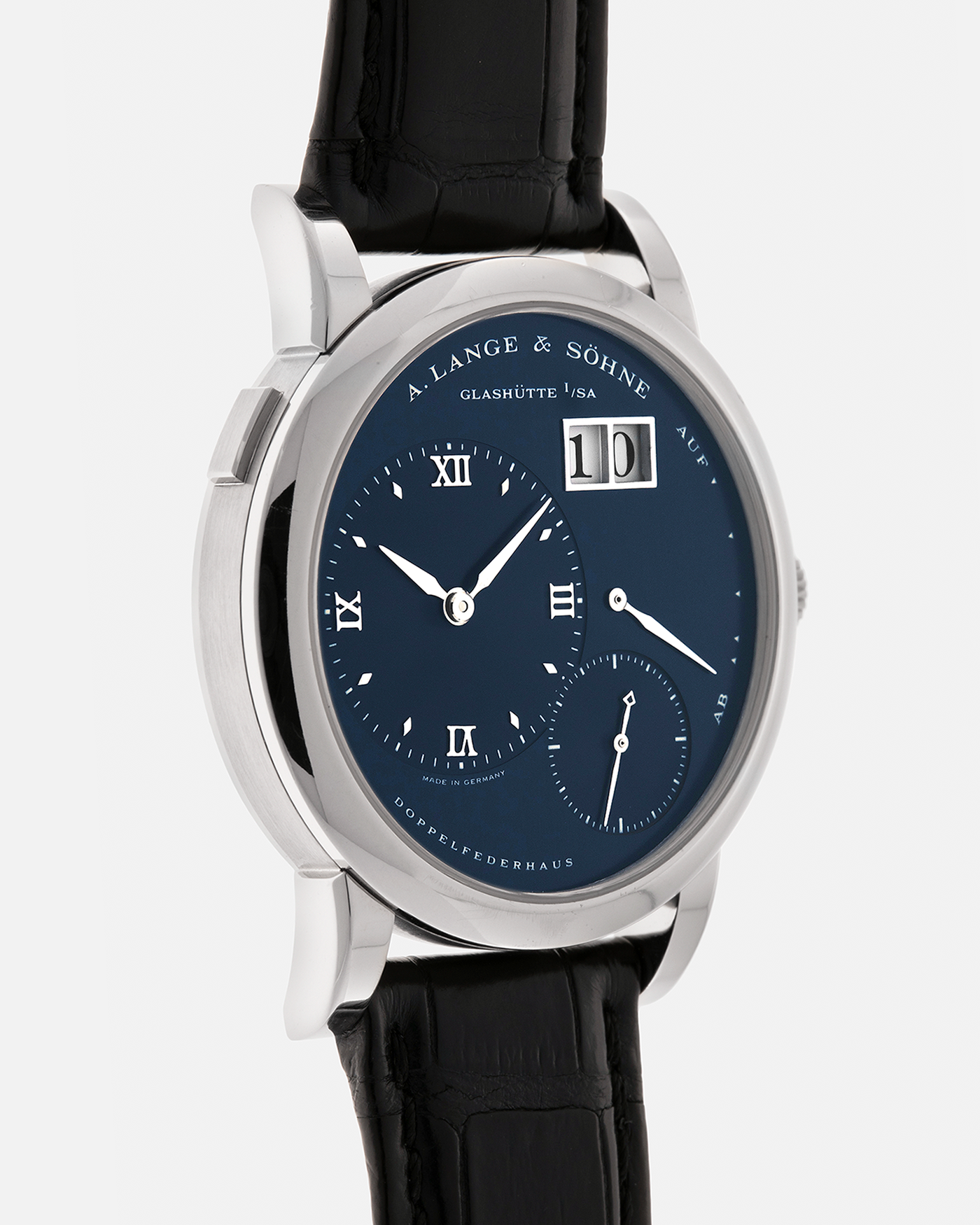 Brand: A. Lange & Söhne
Year: 2000’s
Model: Lange 1
Reference Number: 101.027
Material: 18-carat White Gold
Movement: A. Lange & Söhne Cal. L901.0, Manual Winding
Case Dimensions: 38.5mm x 9.5mm (Lug-to-Lug 47mm)
Lug Width: 20mm
Strap: A. Lange & Söhne Black Alligator Leather Strap with Signed 18-carat White Gold Tang Buckle