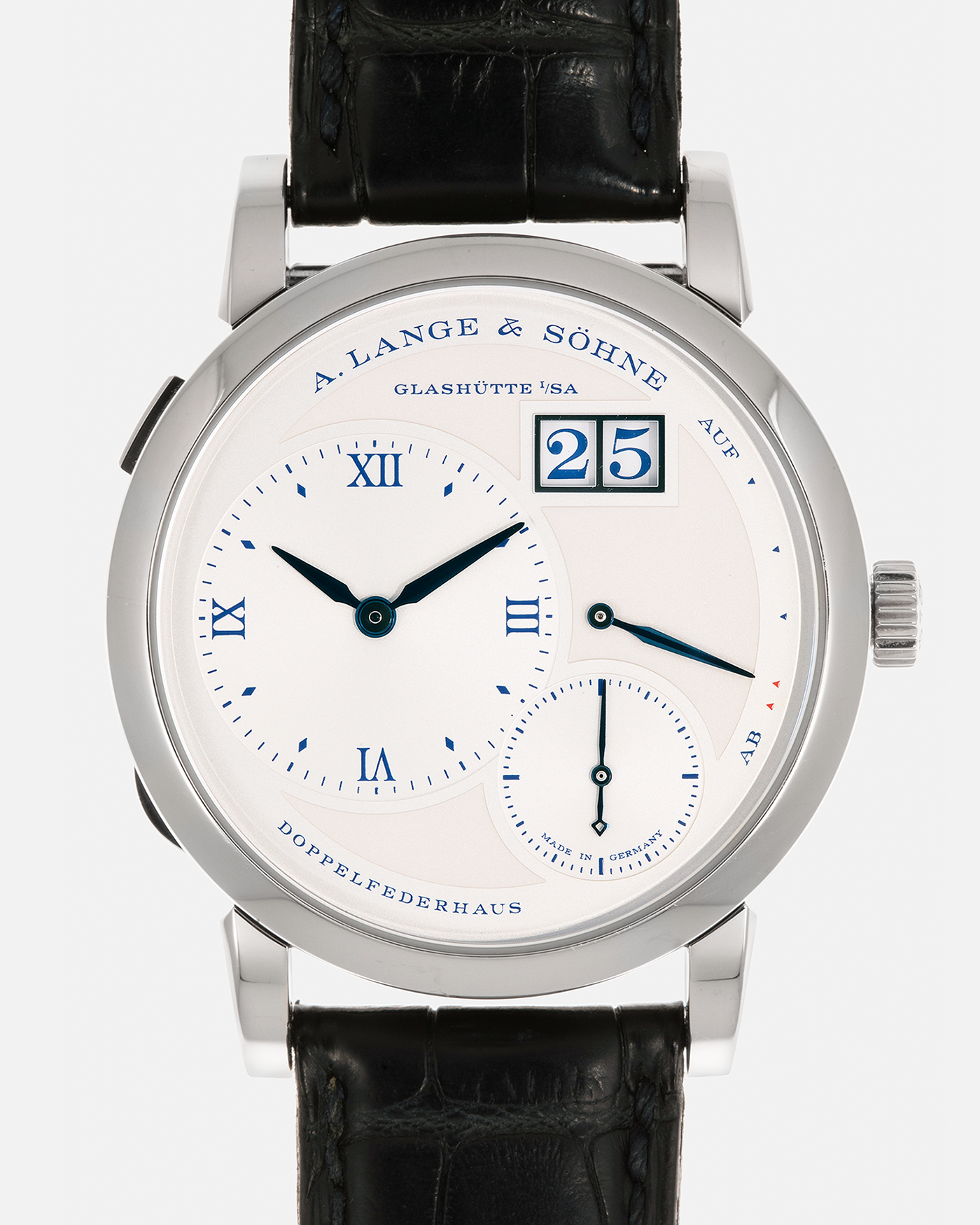 Brand: A. Lange & Söhne
Year: 2019
Model: Lange 1 Edition 25th Anniversary
Reference Number: 191.066
Material: 18-carat White Gold
Movement: A. Lange & Söhne Cal. L121.1, Manual-Winding
Case Dimensions: 38.5mm x 10.7mm (Lug-to-Lug 47.5mm)
Lug Width: 20mm
Strap: A. Lange & Söhne Black Alligator Leather Strap with Signed 18-carat White Gold Tang Buckle