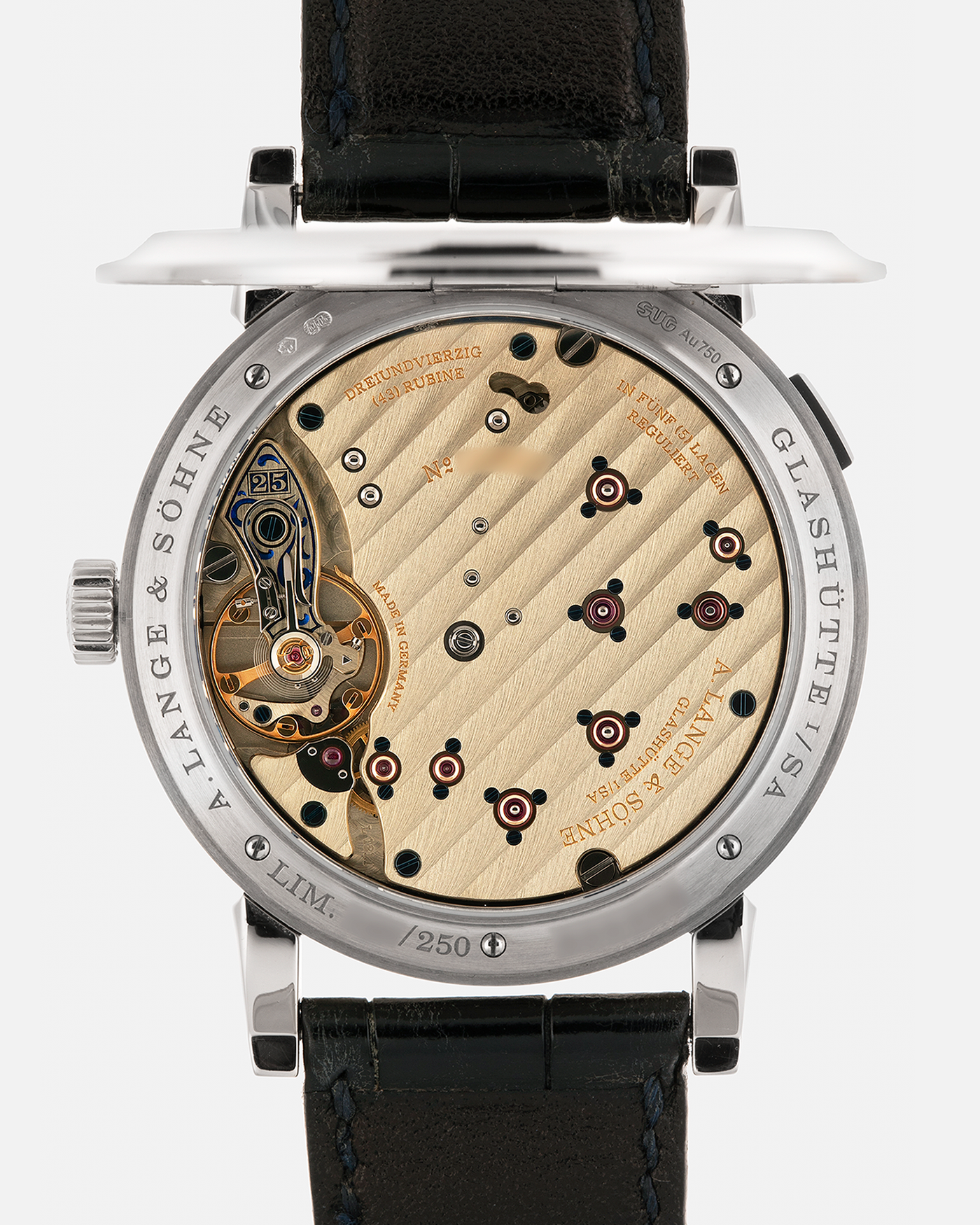 Brand: A. Lange & Söhne
Year: 2019
Model: Lange 1 Edition 25th Anniversary
Reference Number: 191.066
Material: 18-carat White Gold
Movement: A. Lange & Söhne Cal. L121.1, Manual-Winding
Case Dimensions: 38.5mm x 10.7mm (Lug-to-Lug 47.5mm)
Lug Width: 20mm
Strap: A. Lange & Söhne Black Alligator Leather Strap with Signed 18-carat White Gold Tang Buckle