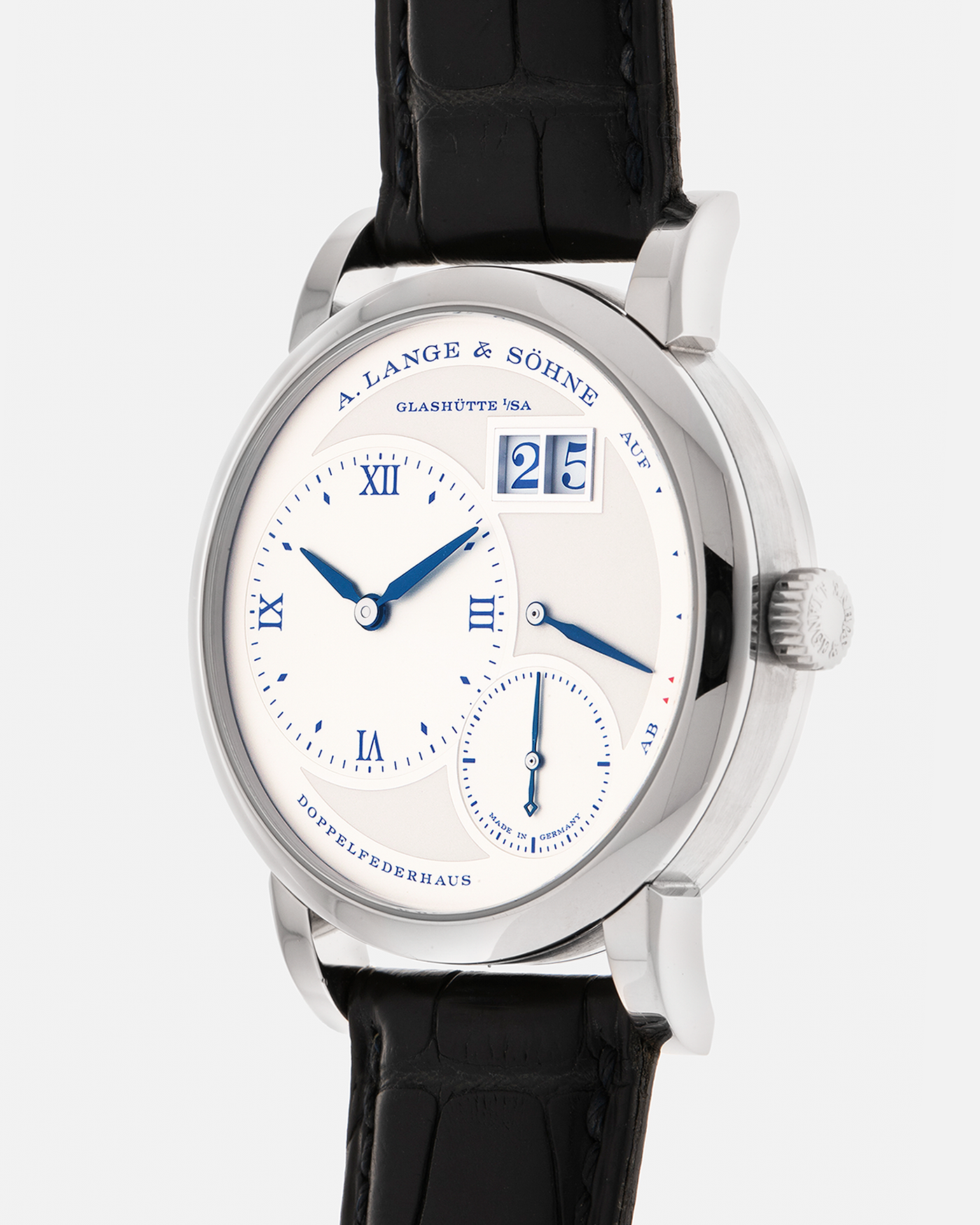 Brand: A. Lange & Söhne
Year: 2019
Model: Lange 1 Edition 25th Anniversary
Reference Number: 191.066
Material: 18-carat White Gold
Movement: A. Lange & Söhne Cal. L121.1, Manual-Winding
Case Dimensions: 38.5mm x 10.7mm (Lug-to-Lug 47.5mm)
Lug Width: 20mm
Strap: A. Lange & Söhne Black Alligator Leather Strap with Signed 18-carat White Gold Tang Buckle
