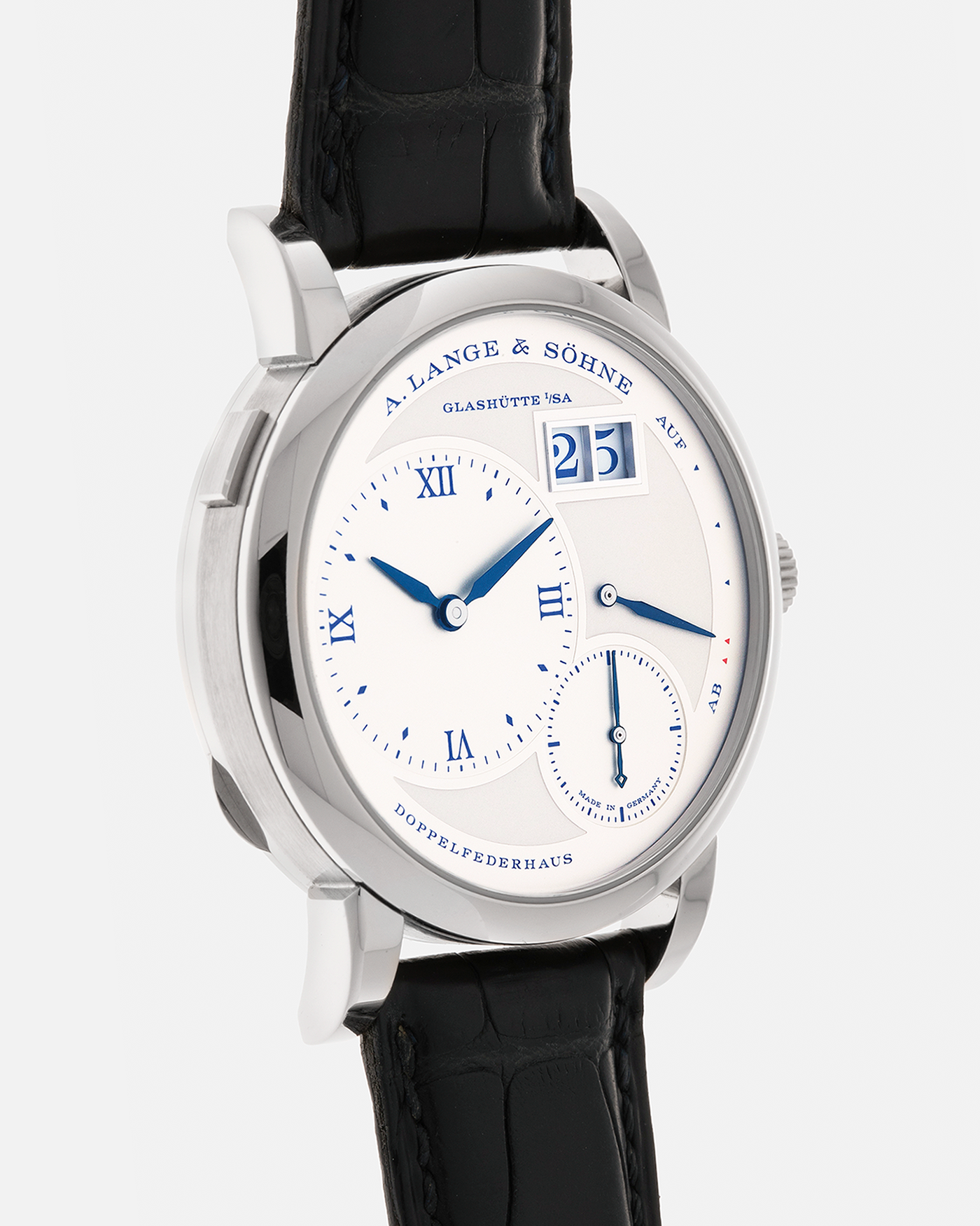 Brand: A. Lange & Söhne
Year: 2019
Model: Lange 1 Edition 25th Anniversary
Reference Number: 191.066
Material: 18-carat White Gold
Movement: A. Lange & Söhne Cal. L121.1, Manual-Winding
Case Dimensions: 38.5mm x 10.7mm (Lug-to-Lug 47.5mm)
Lug Width: 20mm
Strap: A. Lange & Söhne Black Alligator Leather Strap with Signed 18-carat White Gold Tang Buckle