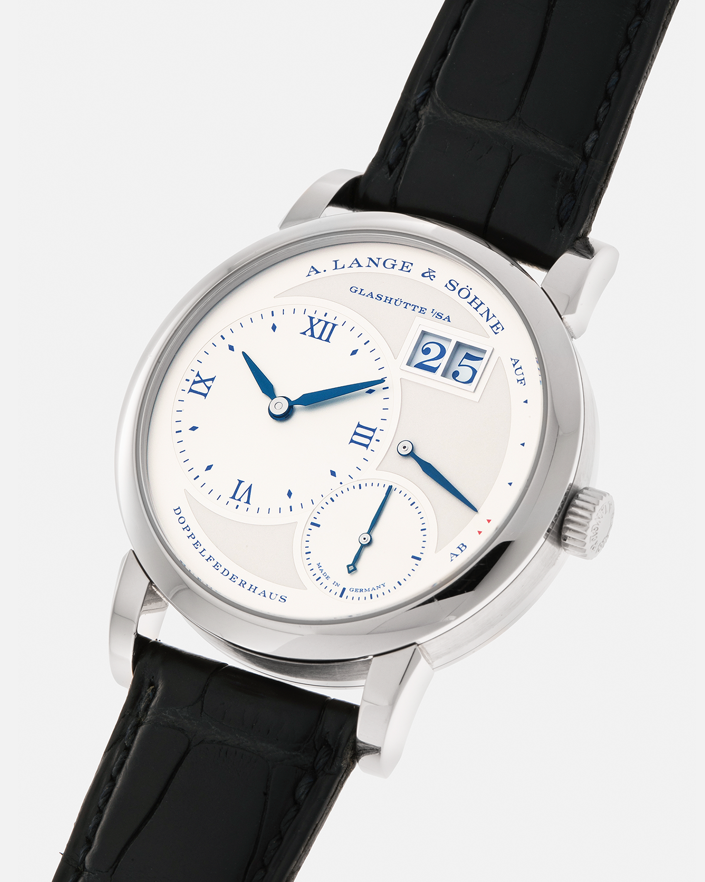 Brand: A. Lange & Söhne
Year: 2019
Model: Lange 1 Edition 25th Anniversary
Reference Number: 191.066
Material: 18-carat White Gold
Movement: A. Lange & Söhne Cal. L121.1, Manual-Winding
Case Dimensions: 38.5mm x 10.7mm (Lug-to-Lug 47.5mm)
Lug Width: 20mm
Strap: A. Lange & Söhne Black Alligator Leather Strap with Signed 18-carat White Gold Tang Buckle