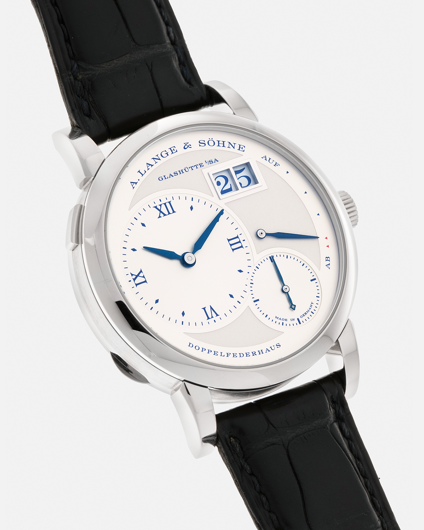 Brand: A. Lange & Söhne
Year: 2019
Model: Lange 1 Edition 25th Anniversary
Reference Number: 191.066
Material: 18-carat White Gold
Movement: A. Lange & Söhne Cal. L121.1, Manual-Winding
Case Dimensions: 38.5mm x 10.7mm (Lug-to-Lug 47.5mm)
Lug Width: 20mm
Strap: A. Lange & Söhne Black Alligator Leather Strap with Signed 18-carat White Gold Tang Buckle