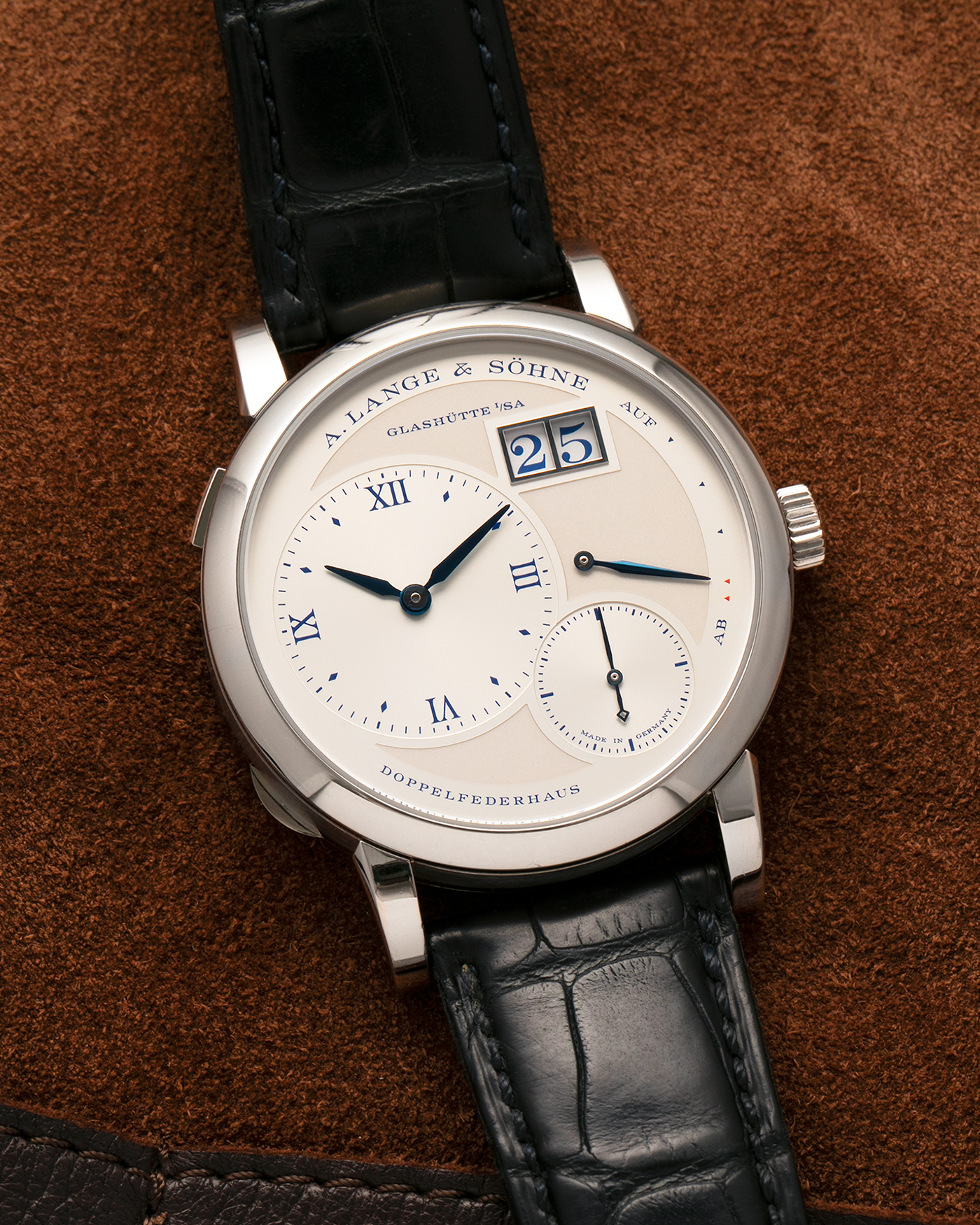 Brand: A. Lange & Söhne
Year: 2019
Model: Lange 1 Edition 25th Anniversary
Reference Number: 191.066
Material: 18-carat White Gold
Movement: A. Lange & Söhne Cal. L121.1, Manual-Winding
Case Dimensions: 38.5mm x 10.7mm (Lug-to-Lug 47.5mm)
Lug Width: 20mm
Strap: A. Lange & Söhne Black Alligator Leather Strap with Signed 18-carat White Gold Tang Buckle