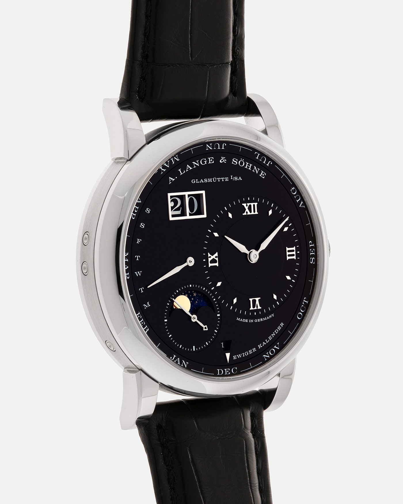 Brand: A. Lange & Söhne
Year: 2023
Model: Lange 1 Perpetual Calendar ‘Darth’
Reference Number: 345.036 E
Material: Platinum 950
Movement: A. Lange & Söhne Cal. L021.3, Self-Winding
Case Dimensions: 41.9mm x 12.1mm (Lug-to-Lug 50mm)
Lug Width: 22mm
Strap: A. Lange & Söhne Black Alligator Leather Strap with Signed Platinum 950 Tang Buckle