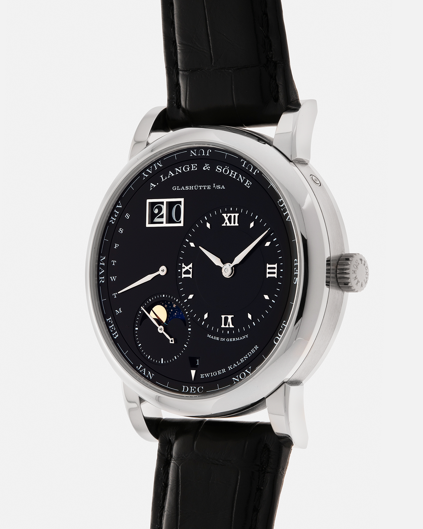 Brand: A. Lange & Söhne
Year: 2023
Model: Lange 1 Perpetual Calendar ‘Darth’
Reference Number: 345.036 E
Material: Platinum 950
Movement: A. Lange & Söhne Cal. L021.3, Self-Winding
Case Dimensions: 41.9mm x 12.1mm (Lug-to-Lug 50mm)
Lug Width: 22mm
Strap: A. Lange & Söhne Black Alligator Leather Strap with Signed Platinum 950 Tang Buckle