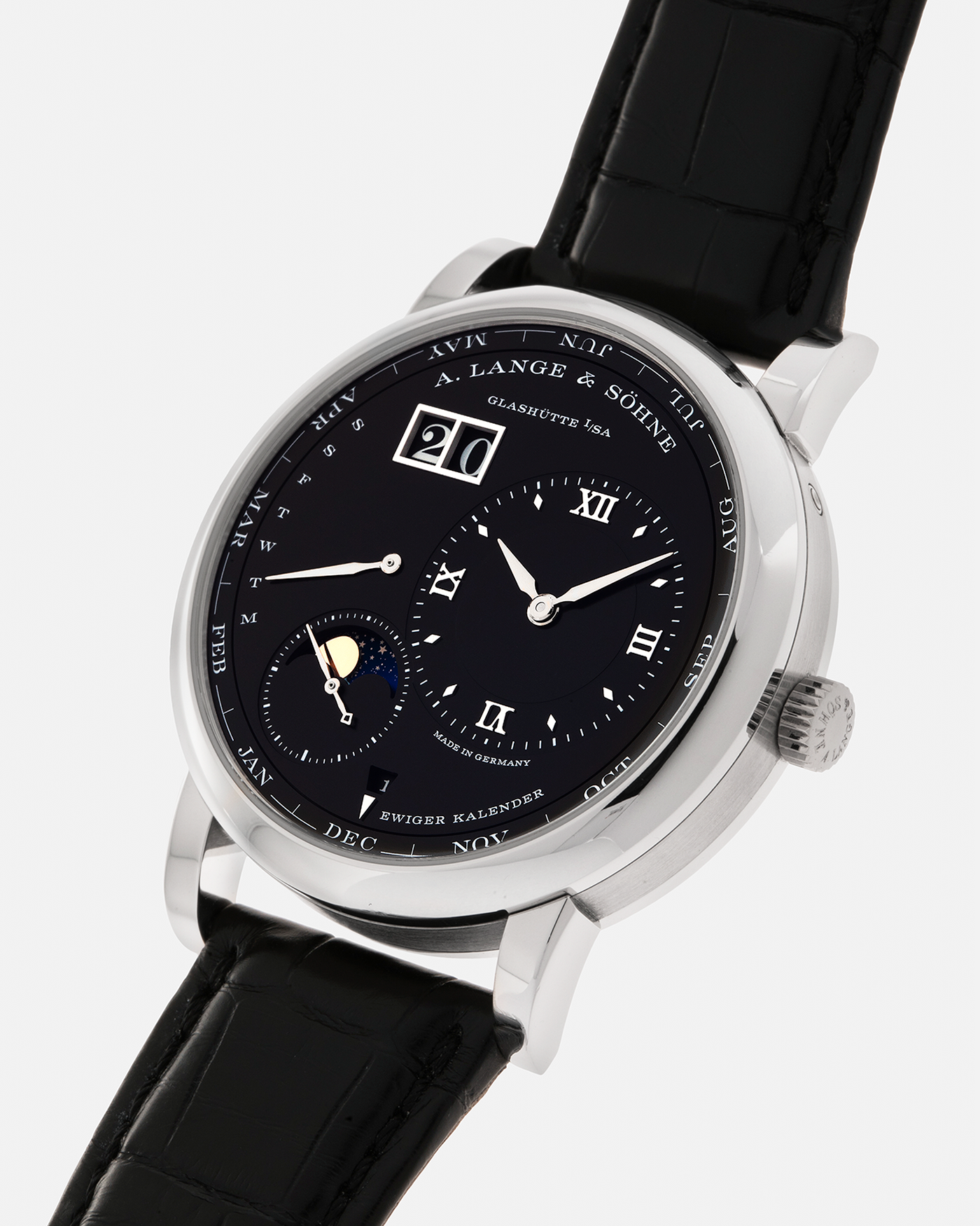 Brand: A. Lange & Söhne
Year: 2023
Model: Lange 1 Perpetual Calendar ‘Darth’
Reference Number: 345.036 E
Material: Platinum 950
Movement: A. Lange & Söhne Cal. L021.3, Self-Winding
Case Dimensions: 41.9mm x 12.1mm (Lug-to-Lug 50mm)
Lug Width: 22mm
Strap: A. Lange & Söhne Black Alligator Leather Strap with Signed Platinum 950 Tang Buckle