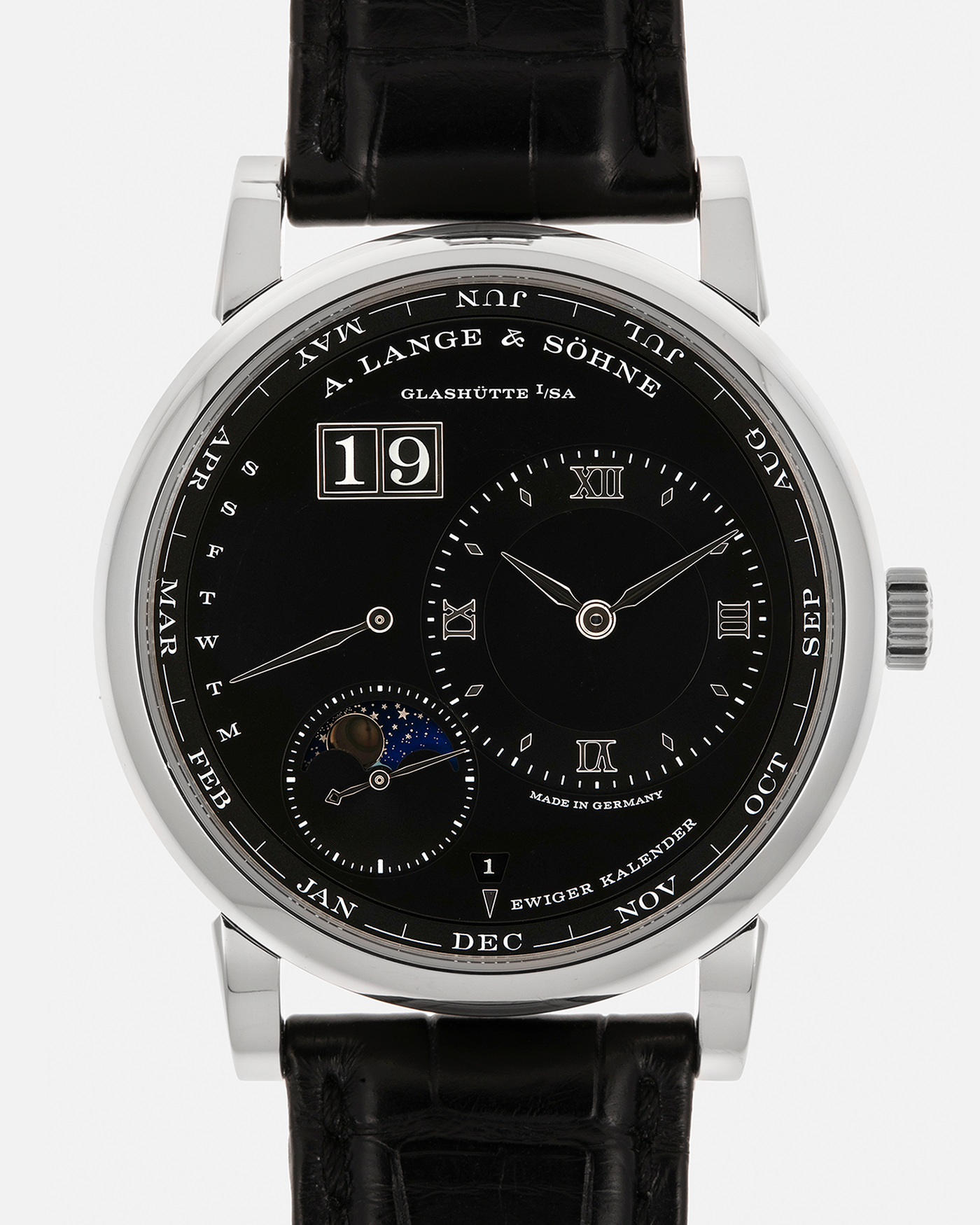 Brand: A. Lange & Söhne
Year: 2023
Model: Lange 1 Perpetual Calendar ‘Darth’
Reference Number: 345.036 E
Material: Platinum 950
Movement: A. Lange & Söhne Cal. L021.3, Self-Winding
Case Dimensions: 41.9mm x 12.1mm (Lug-to-Lug 50mm)
Lug Width: 22mm
Strap: A. Lange & Söhne Black Alligator Leather Strap with Signed Platinum 950 Tang Buckle
