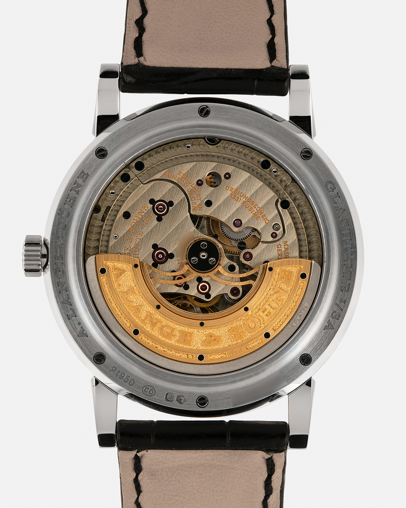 Brand: A. Lange & Söhne
Year: 2023
Model: Lange 1 Perpetual Calendar ‘Darth’
Reference Number: 345.036 E
Material: Platinum 950
Movement: A. Lange & Söhne Cal. L021.3, Self-Winding
Case Dimensions: 41.9mm x 12.1mm (Lug-to-Lug 50mm)
Lug Width: 22mm
Strap: A. Lange & Söhne Black Alligator Leather Strap with Signed Platinum 950 Tang Buckle