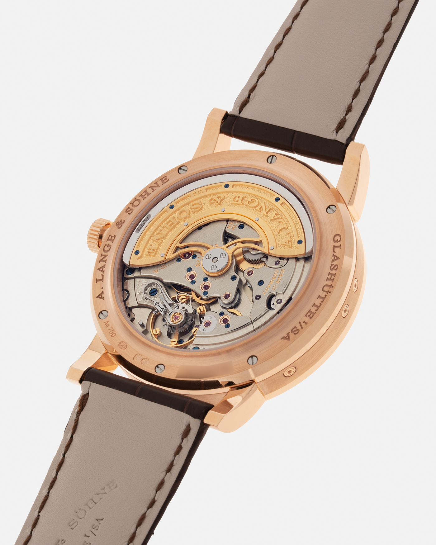 Brand: A. Lange & Söhne Year: 2022 Model: Lange 1 Perpetual Calendar Reference Number: 345.033 E Material: 18-carat Rose Gold Case Movement: A. Lange & Söhne Cal. L021.3, Self-Winding Case Dimensions: 41.9mm x 12.1mm Lug Width: 22mm Strap: A. Lange & Söhne Dark Brown Alligator Strap with 18-carat Rose Gold Tang Buckle, and additional Generic Grey Nubuck Stitched Leather Strap