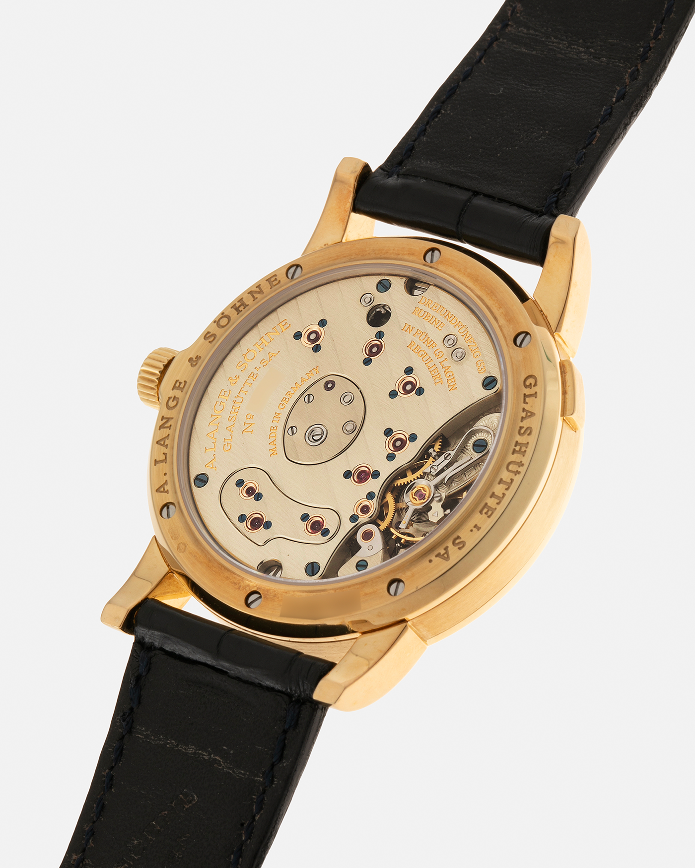 Brand: A. Lange & Söhne Year: 2000s Model: Lange 1 Reference: 101.022 Material: 18-carat Yellow Gold, German Silver Movement: A. Lange & Söhne Cal. L901.0, Manual-Winding Case Diameter: 38.5mm Lug Width: 20mm Strap: A. Lange & Söhne Black Alligator Leather Strap with Signed 18-carat Yellow Gold Tang Buckle