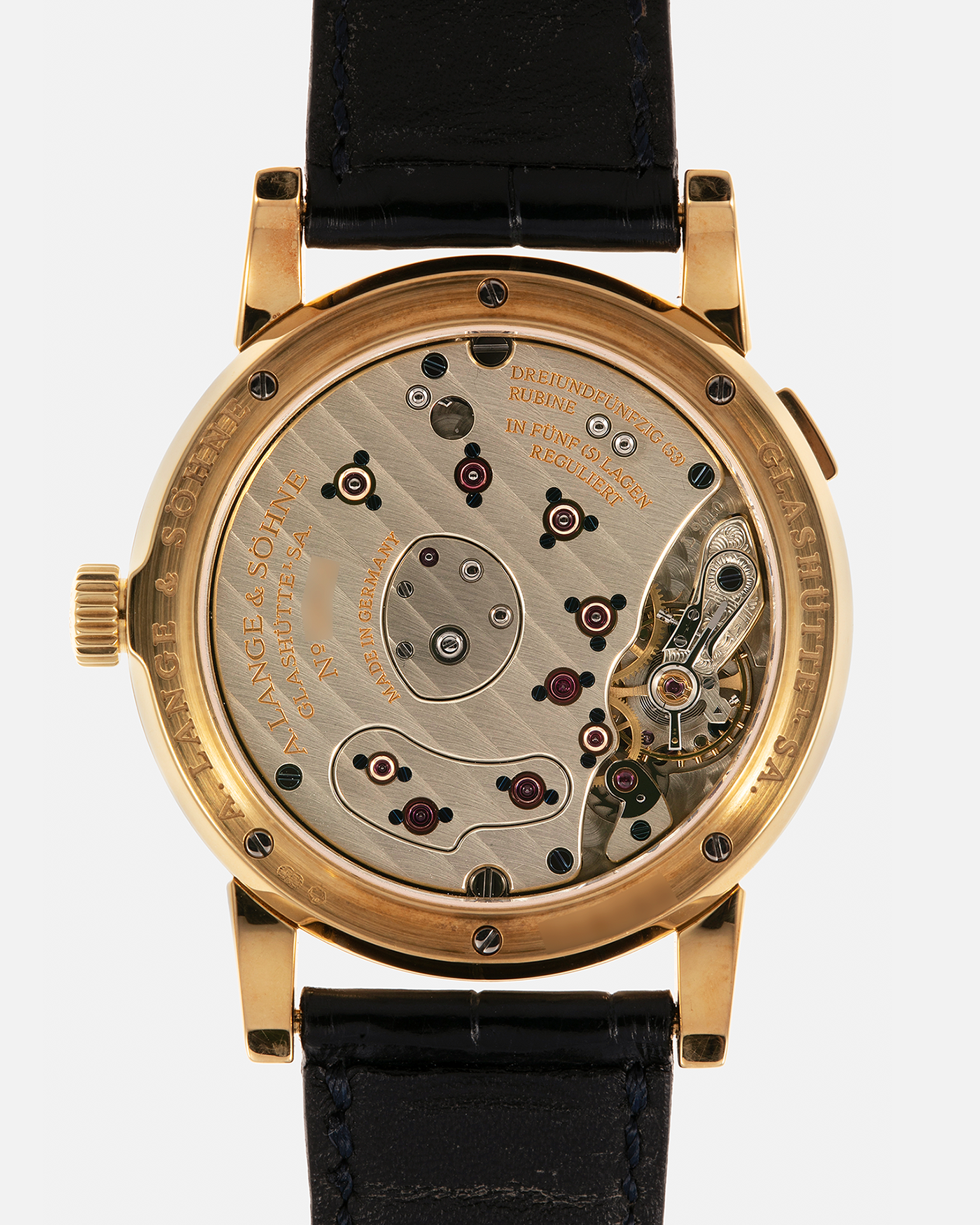 Brand: A. Lange & Söhne Year: 2000s Model: Lange 1 Reference: 101.022 Material: 18-carat Yellow Gold, German Silver Movement: A. Lange & Söhne Cal. L901.0, Manual-Winding Case Diameter: 38.5mm Lug Width: 20mm Strap: A. Lange & Söhne Black Alligator Leather Strap with Signed 18-carat Yellow Gold Tang Buckle