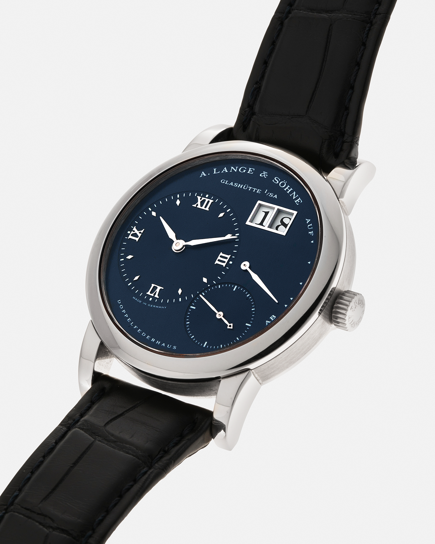 Brand: A. Lange & Söhne Year: 2000’s Model: Lange 1 Reference Number: 101.027 Material: 18-carat White Gold Movement: A. Lange & Söhne Cal. L901.5, Manual Winding Case Diameter: 38.5mm Strap: A. Lange & Söhne Black Alligator Leather Strap with Signed 18-carat White Gold Tang Buckle