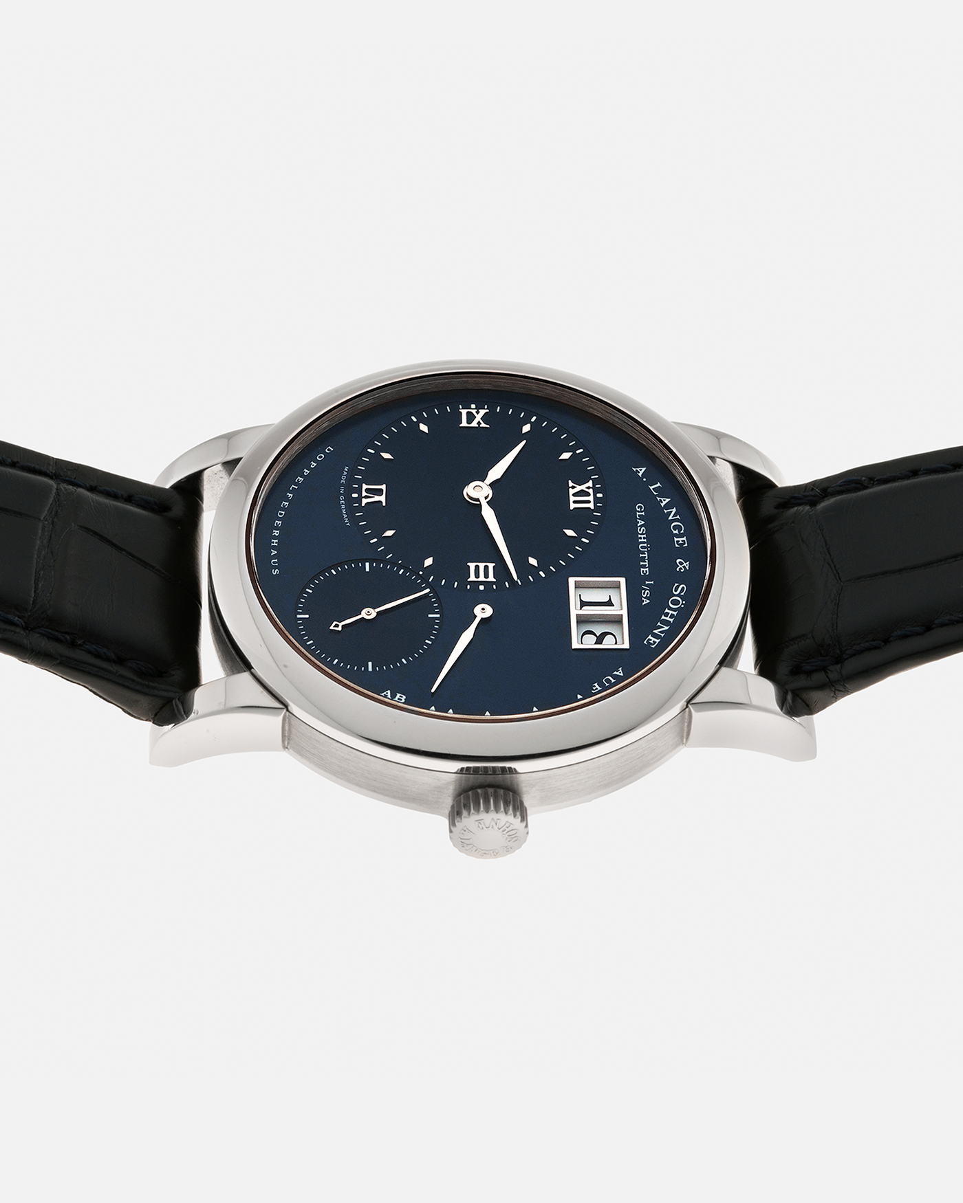 Brand: A. Lange & Söhne Year: 2000’s Model: Lange 1 Reference Number: 101.027 Material: 18-carat White Gold Movement: A. Lange & Söhne Cal. L901.5, Manual Winding Case Diameter: 38.5mm Strap: A. Lange & Söhne Black Alligator Leather Strap with Signed 18-carat White Gold Tang Buckle