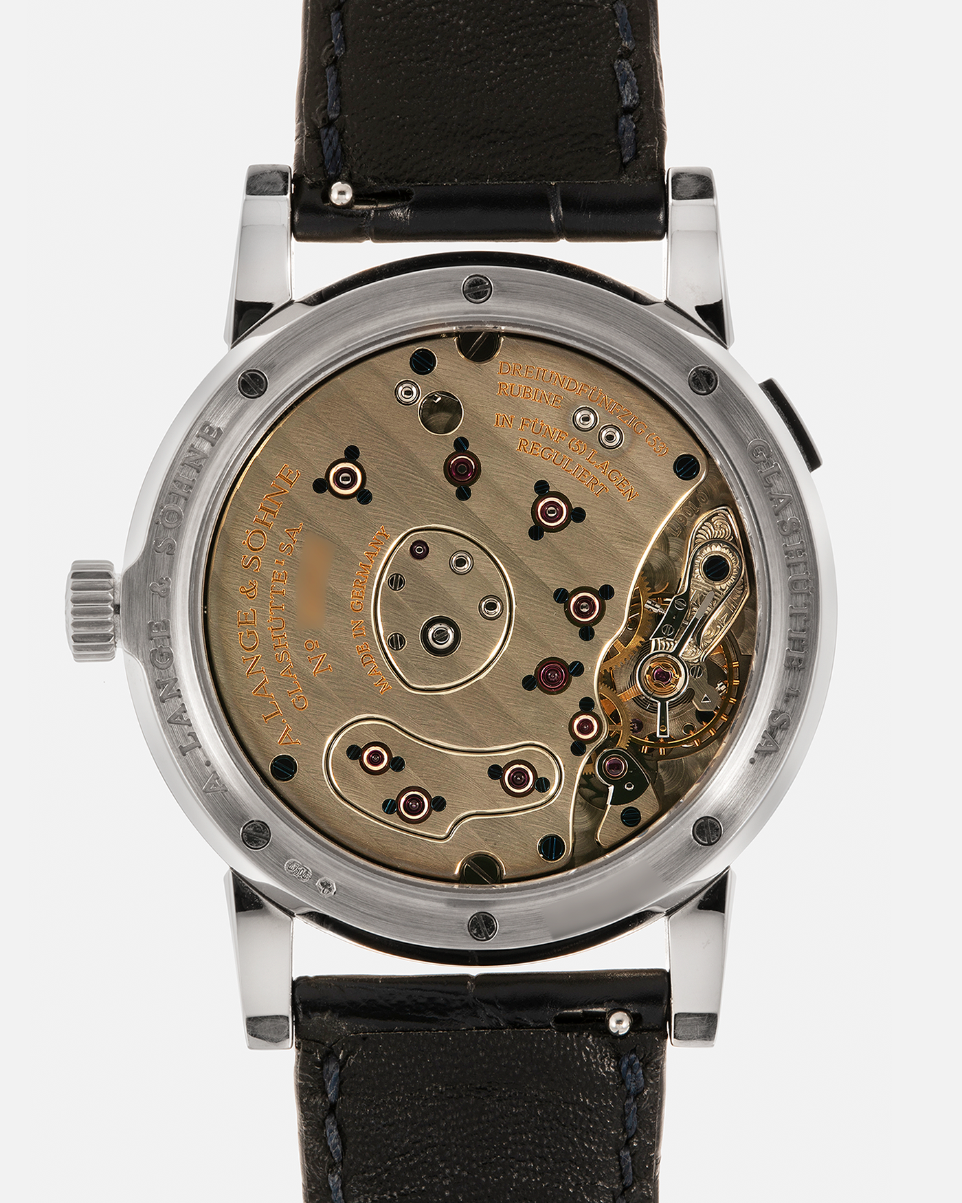 Brand: A. Lange & Söhne Year: 2000’s Model: Lange 1 Reference Number: 101.027 Material: 18-carat White Gold Movement: A. Lange & Söhne Cal. L901.5, Manual Winding Case Diameter: 38.5mm Strap: A. Lange & Söhne Black Alligator Leather Strap with Signed 18-carat White Gold Tang Buckle