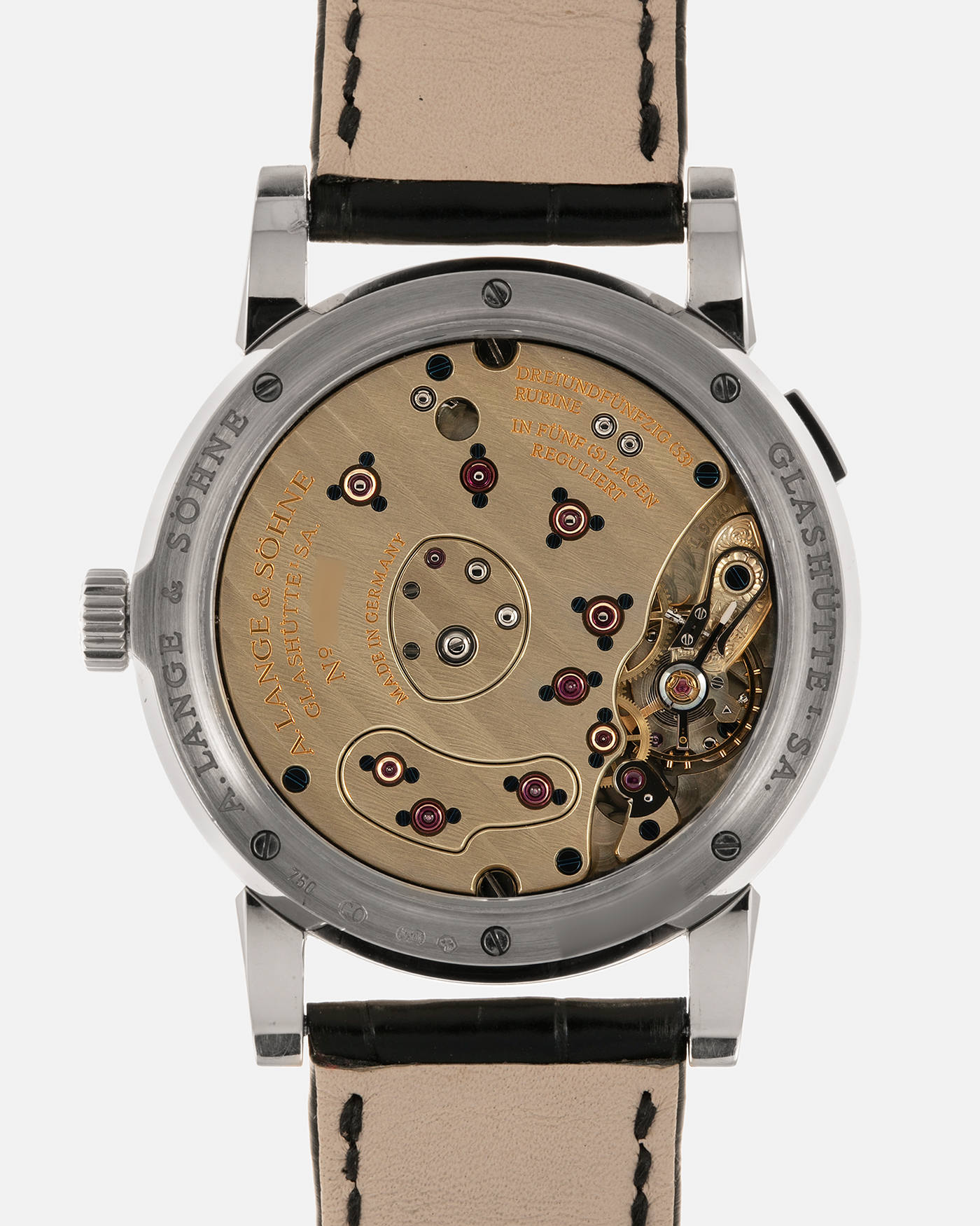 Brand: A. Lange & Söhne
Year: 2010s
Model: Lange 1
Reference: 101.039
Material: 18-carat White Gold
Movement: A. Lange & Söhne Cal. L901.0, Manual-Winding
Case Dimensions: 38.5mm x 9.8mm (Lug-to-Lug 47.3mm)
Lug Width: 20mm
Strap: A. Lange & Söhne Black Alligator Leather Strap with Signed 18-carat White Gold Tang Buckle