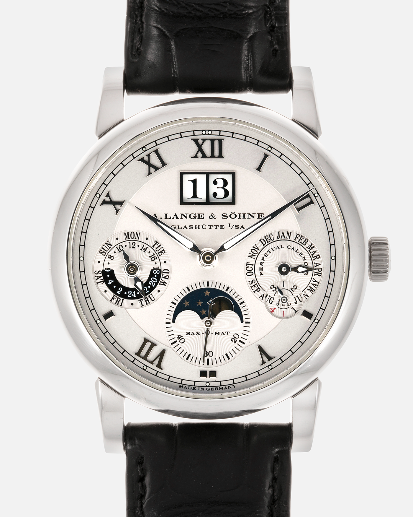 Brand: A. Lange & Söhne Year: 2000’s Model: Langematik Perpetual Ref Number: 310.025 Material: Platinum 950 Movement: Sax-0-Mat Cal. L922.1, Self-Winding Case Diameter: 38.5mm Bracelet/Strap: A. Lange & Söhne Black Alligator Leather Strap with Platinum 950 Signed Tang Buckle