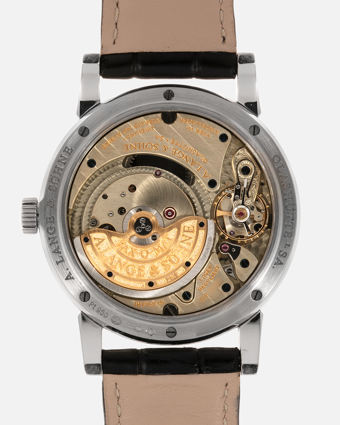 Brand: A. Lange & Söhne Year: 2000’s Model: Langematik Perpetual Ref Number: 310.025 Material: Platinum 950 Movement: Sax-0-Mat Cal. L922.1, Self-Winding Case Diameter: 38.5mm Bracelet/Strap: A. Lange & Söhne Black Alligator Leather Strap with Platinum 950 Signed Tang Buckle