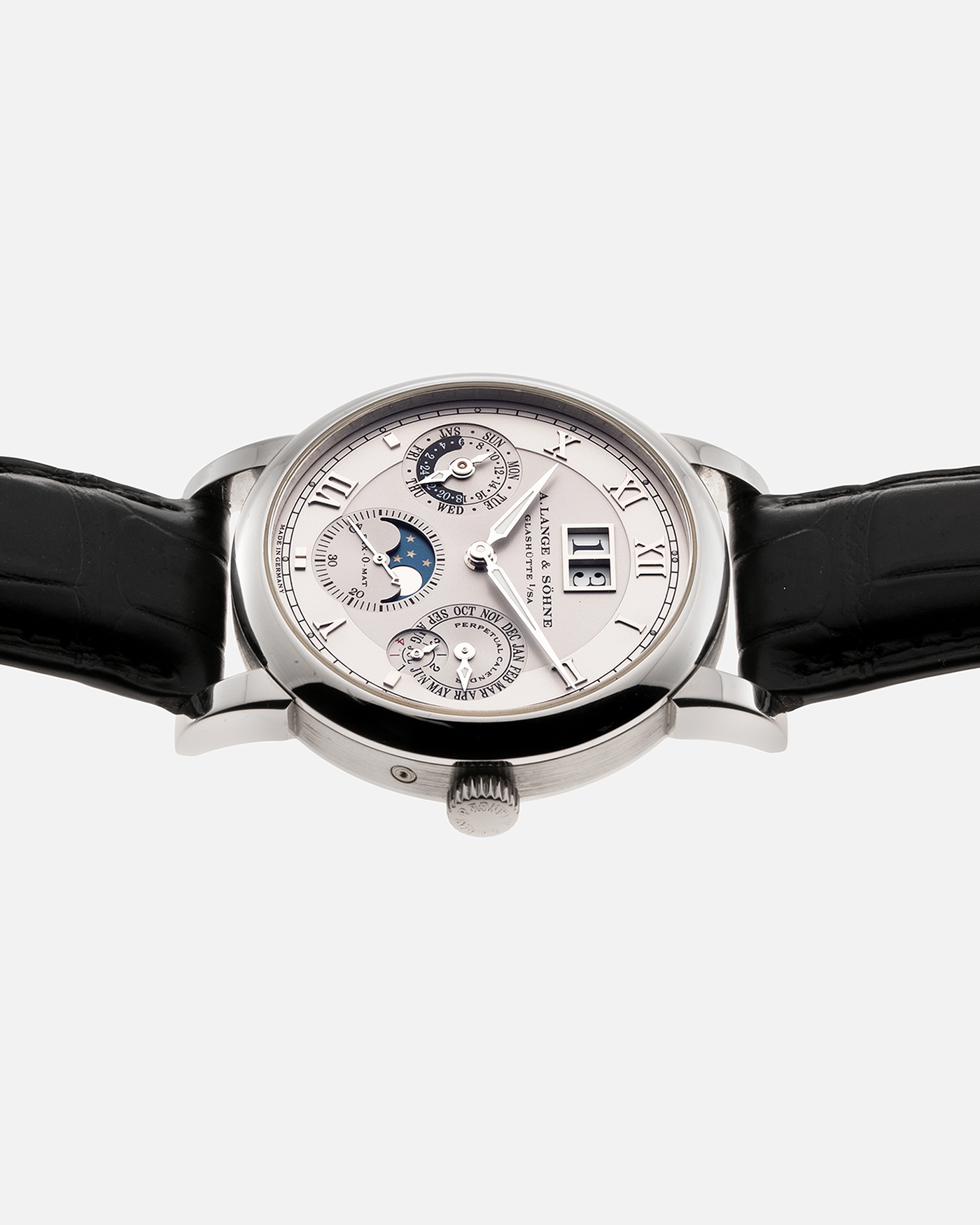 Brand: A. Lange & Söhne Year: 2000’s Model: Langematik Perpetual Ref Number: 310.025 Material: Platinum 950 Movement: Sax-0-Mat Cal. L922.1, Self-Winding Case Diameter: 38.5mm Bracelet/Strap: A. Lange & Söhne Black Alligator Leather Strap with Platinum 950 Signed Tang Buckle