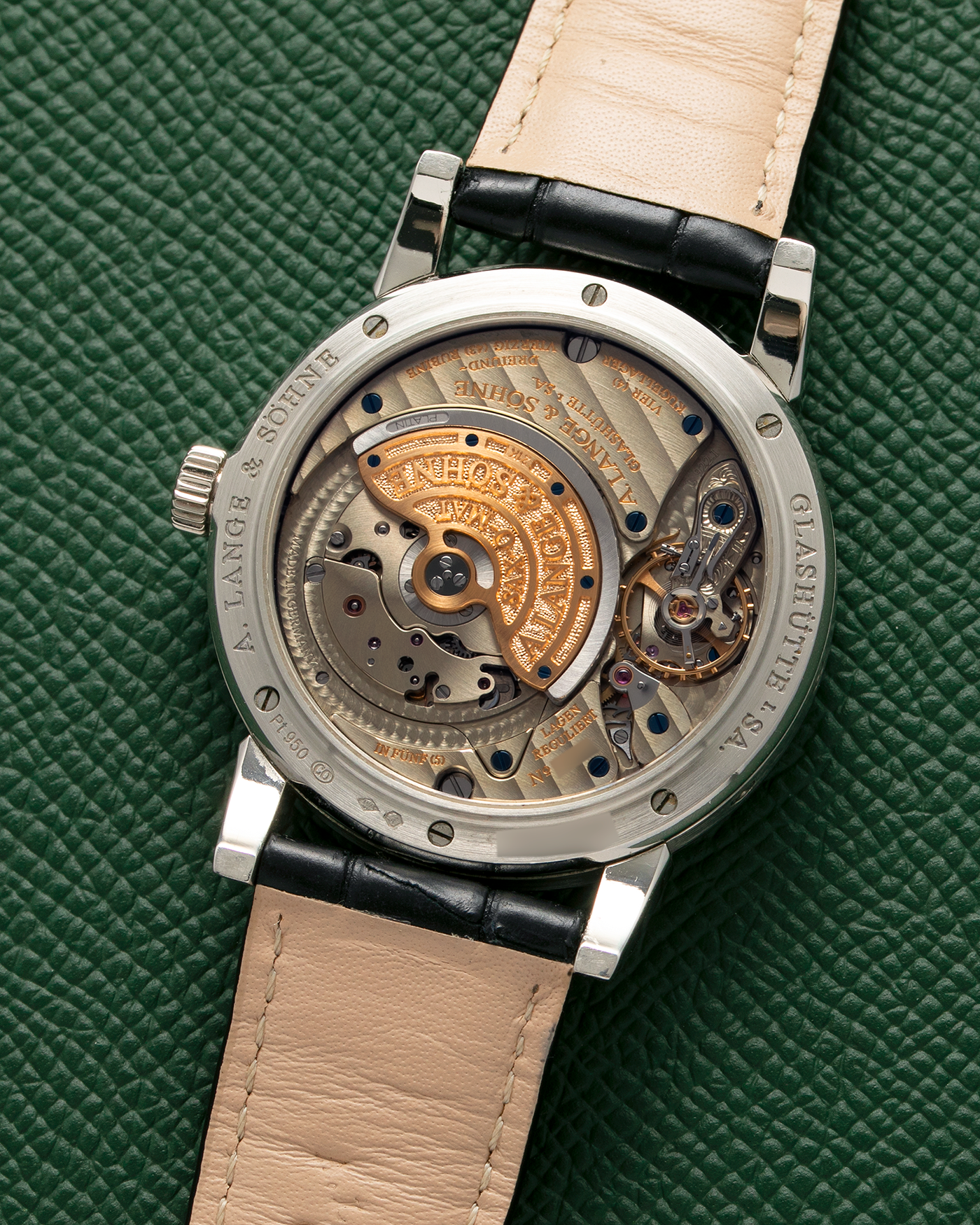 Brand: A. Lange & Söhne Year: 2000’s Model: Langematik Perpetual Ref Number: 310.025 Material: Platinum 950 Movement: Sax-0-Mat Cal. L922.1, Self-Winding Case Diameter: 38.5mm Bracelet/Strap: A. Lange & Söhne Black Alligator Leather Strap with Platinum 950 Signed Tang Buckle