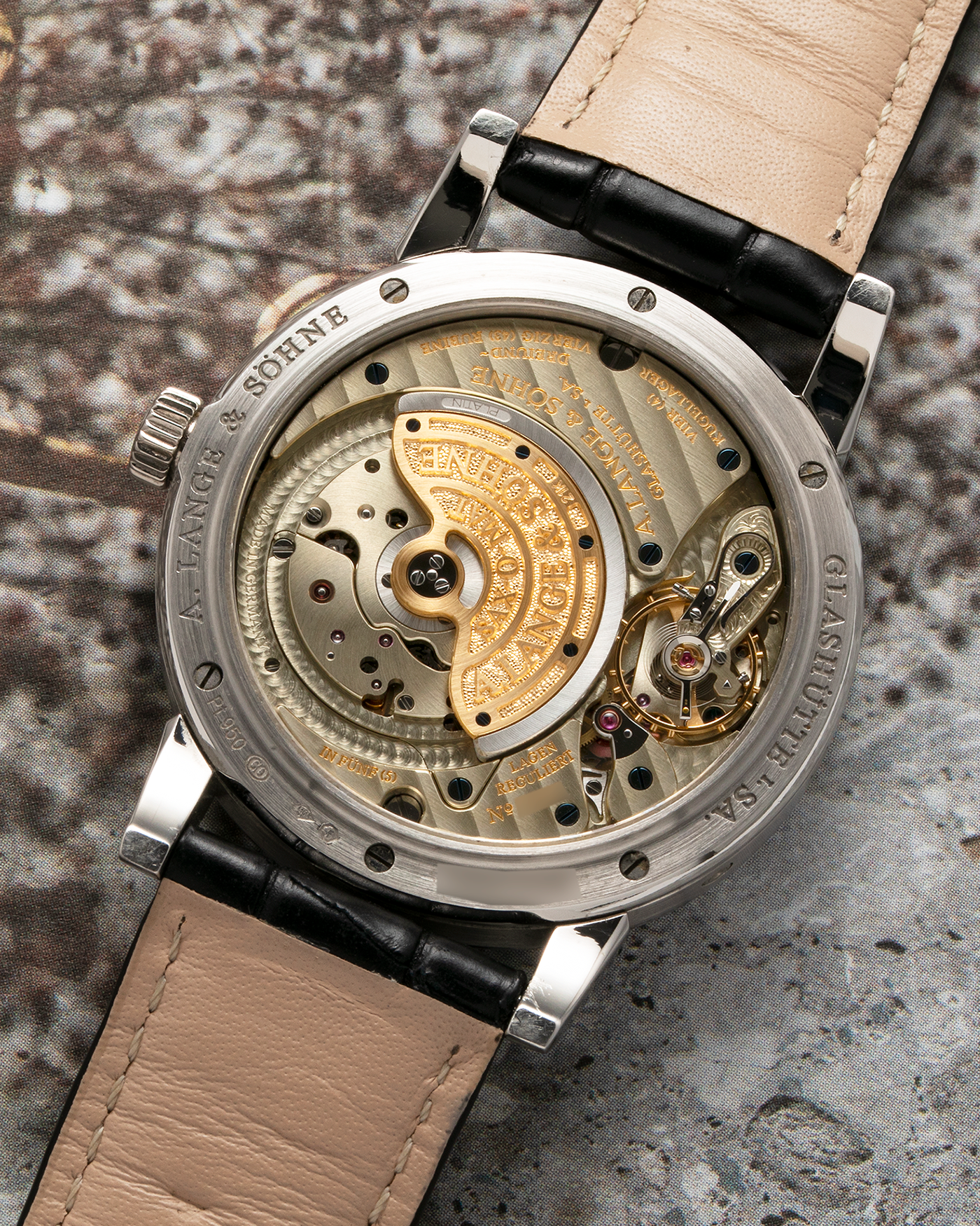 Brand: A. Lange & Söhne Year: 2000’s Model: Langematik Perpetual Ref Number: 310.025 Material: Platinum 950 Movement: Sax-0-Mat Cal. L922.1, Self-Winding Case Diameter: 38.5mm Bracelet/Strap: A. Lange & Söhne Black Alligator Leather Strap with Platinum 950 Signed Tang Buckle