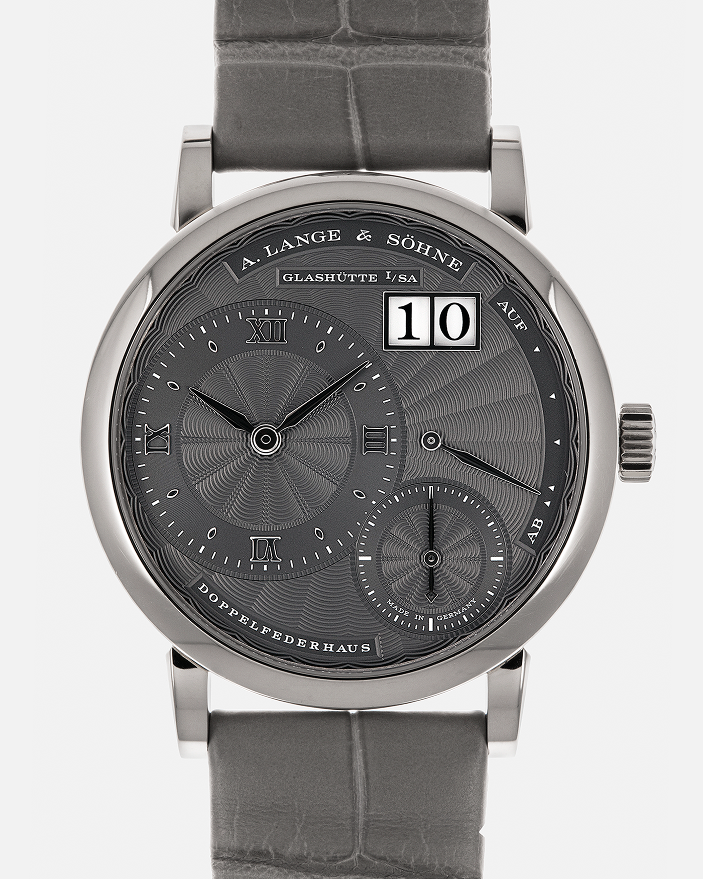 Brand: A. Lange & Söhne
Year: 2021
Model: Little Lange 1 
Reference Number: 181.038
Material: 18-carat White Gold
Movement: A. Lange & Söhne Cal. L121.1, Manual Winding
Case Dimensions: 36.8mm x 9.5mm (Lug-to-Lug 44mm)
Lug Width: 19mm
Strap: A. Lange & Söhne Light Grey Unstitched Alligator Strap with Signed 18-carat White Gold Tang Buckle
