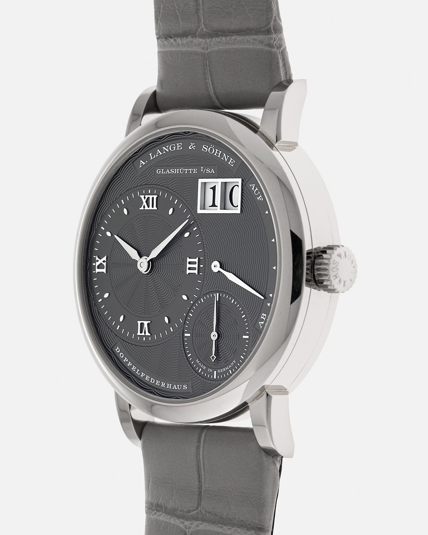 Brand: A. Lange & Söhne
Year: 2021
Model: Little Lange 1 
Reference Number: 181.038
Material: 18-carat White Gold
Movement: A. Lange & Söhne Cal. L121.1, Manual Winding
Case Dimensions: 36.8mm x 9.5mm (Lug-to-Lug 44mm)
Lug Width: 19mm
Strap: A. Lange & Söhne Light Grey Unstitched Alligator Strap with Signed 18-carat White Gold Tang Buckle