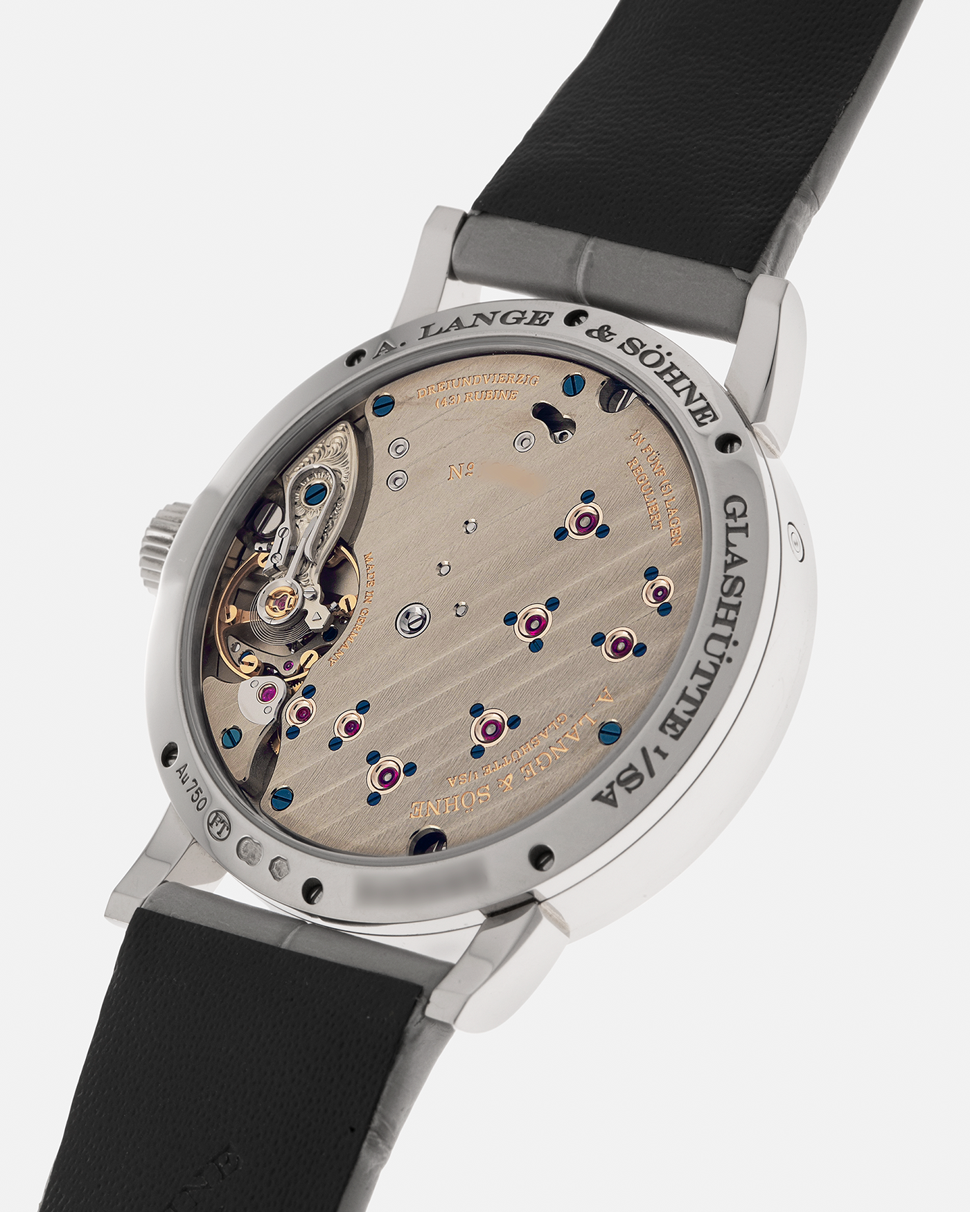 Brand: A. Lange & Söhne
Year: 2021
Model: Little Lange 1 
Reference Number: 181.038
Material: 18-carat White Gold
Movement: A. Lange & Söhne Cal. L121.1, Manual Winding
Case Dimensions: 36.8mm x 9.5mm (Lug-to-Lug 44mm)
Lug Width: 19mm
Strap: A. Lange & Söhne Light Grey Unstitched Alligator Strap with Signed 18-carat White Gold Tang Buckle