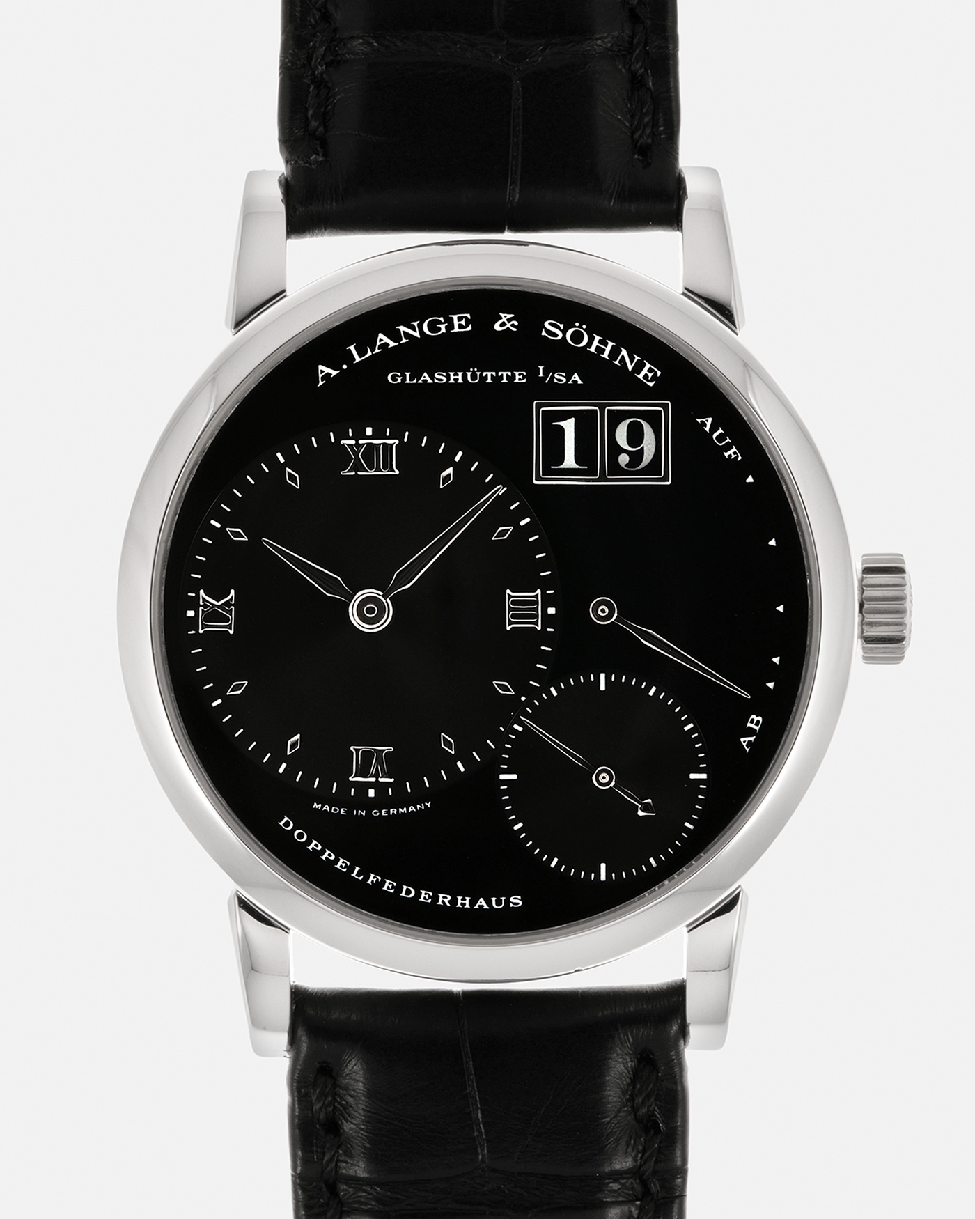 Brand: A. Lange & Söhne
Year: 2005
Model: Little Lange 1 ‘Darth’
Reference: 111.035
Material: Platinum 950
Movement: A. Lange & Söhne Cal. L901.0, Manual Winding
Case Dimensions: 36mm x 10mm (Lug-to-Lug 43mm)
Lug Width: 19mm
Strap: A. Lange & Söhne Black Alligator Leather Strap with Signed Platinum 950 Tang Buckle
