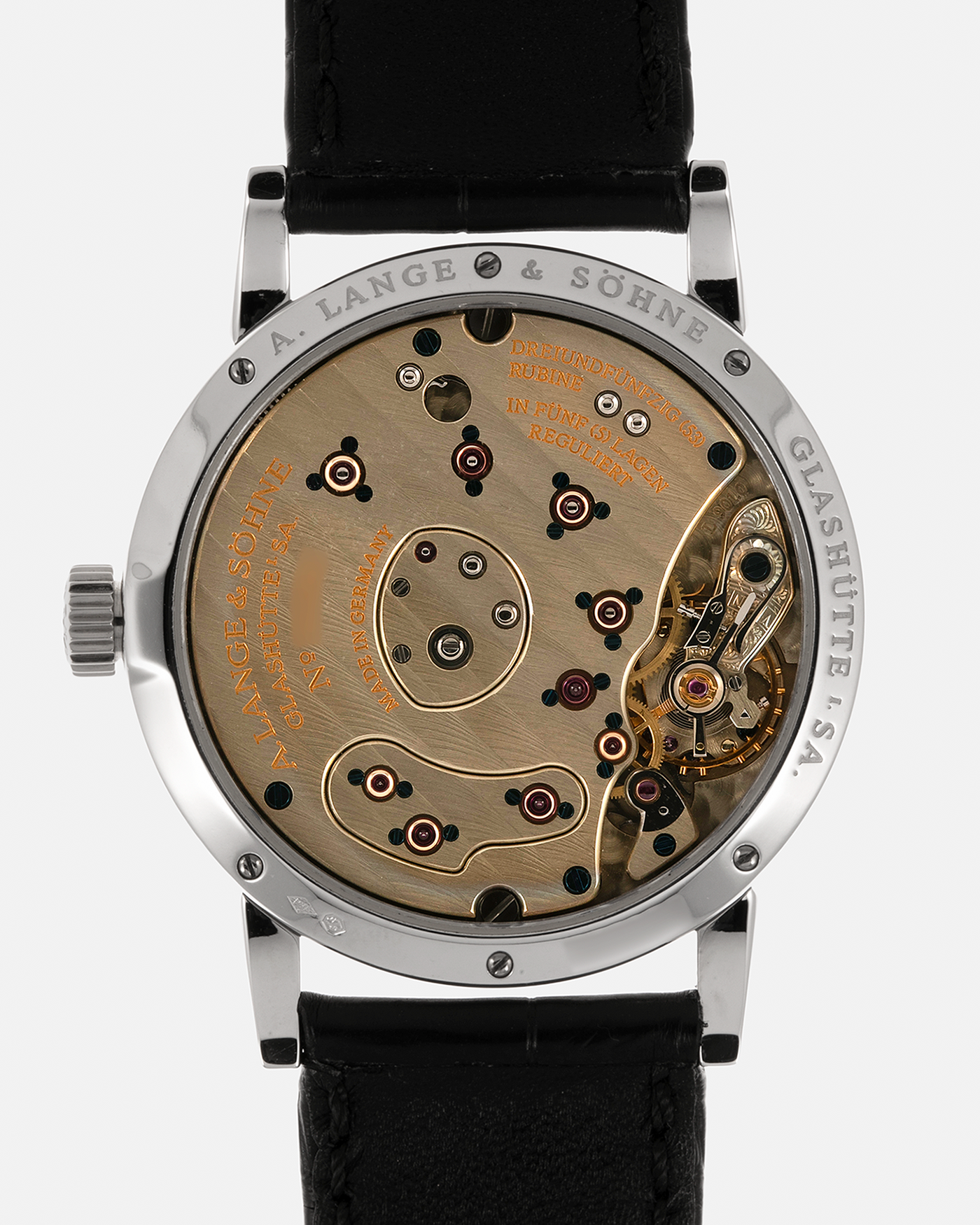 Brand: A. Lange & Söhne
Year: 2005
Model: Little Lange 1 ‘Darth’
Reference: 111.035
Material: Platinum 950
Movement: A. Lange & Söhne Cal. L901.0, Manual Winding
Case Dimensions: 36mm x 10mm (Lug-to-Lug 43mm)
Lug Width: 19mm
Strap: A. Lange & Söhne Black Alligator Leather Strap with Signed Platinum 950 Tang Buckle