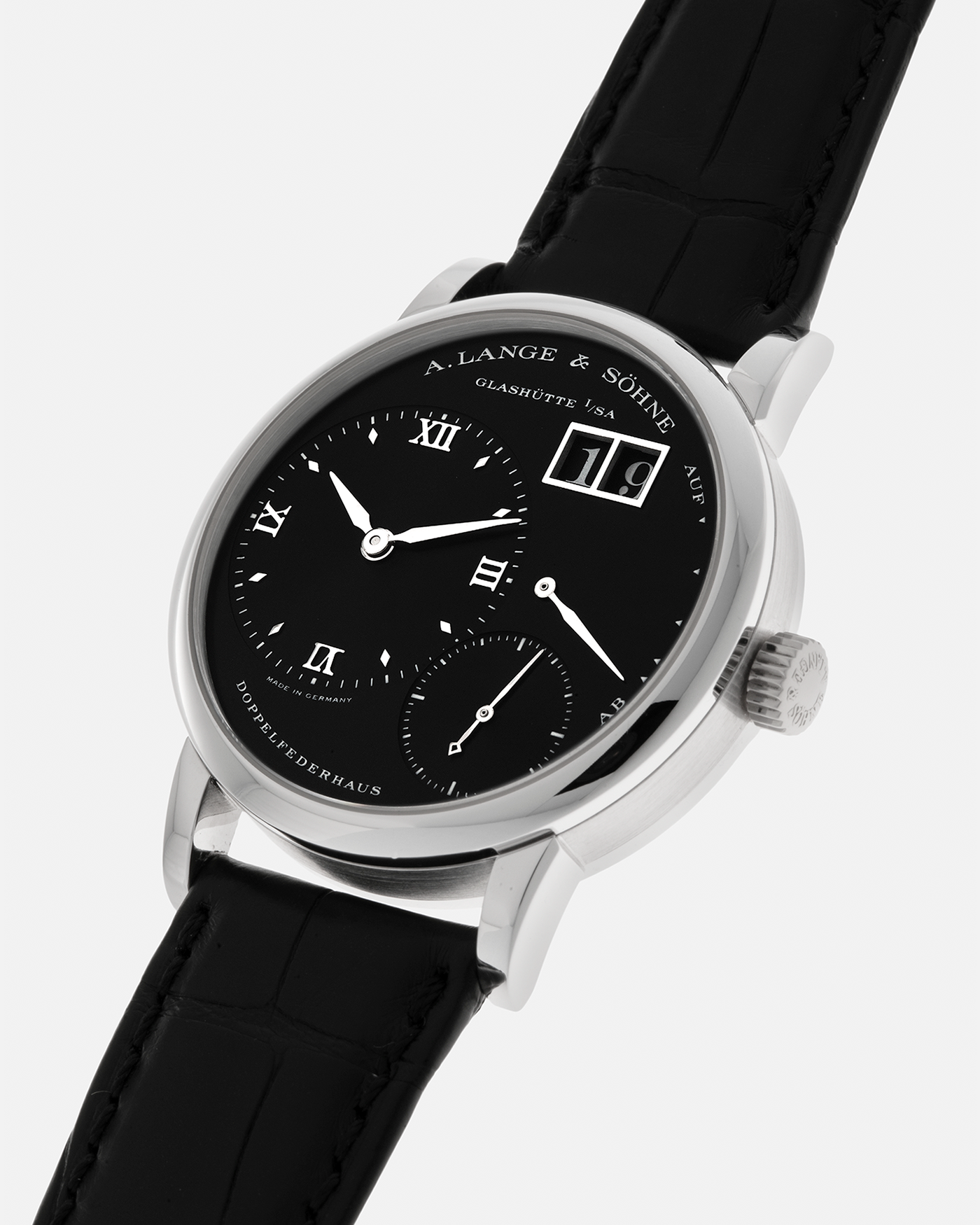 Brand: A. Lange & Söhne
Year: 2005
Model: Little Lange 1 ‘Darth’
Reference: 111.035
Material: Platinum 950
Movement: A. Lange & Söhne Cal. L901.0, Manual Winding
Case Dimensions: 36mm x 10mm (Lug-to-Lug 43mm)
Lug Width: 19mm
Strap: A. Lange & Söhne Black Alligator Leather Strap with Signed Platinum 950 Tang Buckle