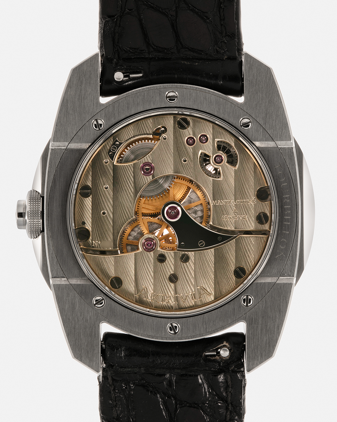 Brand: Akrivia Year: 2016 Model: Tourbillon Chronographe Monopoussoir AK-01 Material: Titanium Movement: Akrivia Cal. AK-01, Manual-Winding Case Dimensions: 42.5mm x 12.9mm (Lug-to-Lug 50mm) Lug Width: 21mm Strap: Akrivia Black Textured Calf Leather Strap with Signed Titanium Tang Buckle