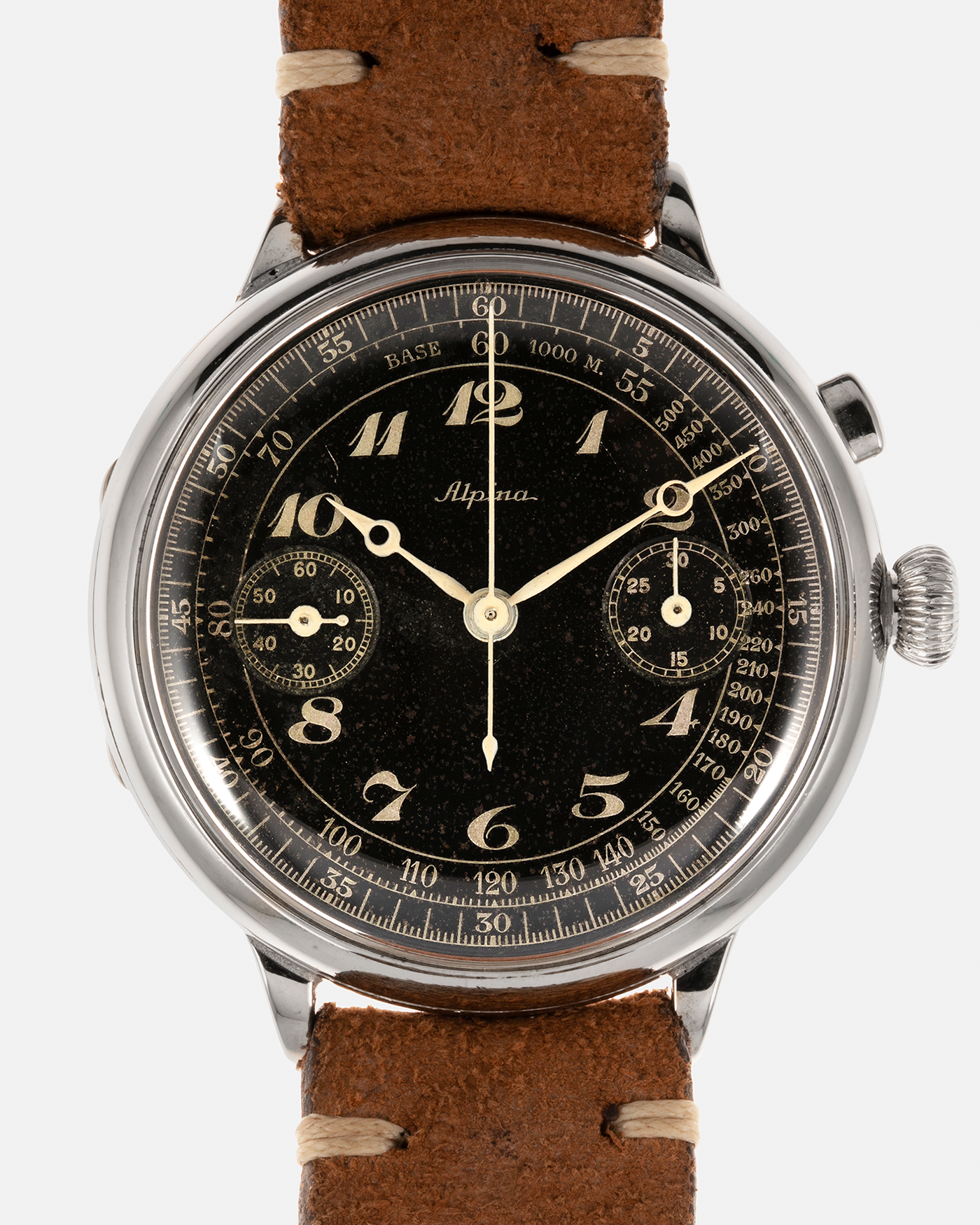 Brand: Alpina Model: Monopusher Chronograph Serial Number: 392919 Year: 1930’s Material: Nickel Chrome Movement: Modified Landeron-Hahn Caliber, Manual-Winding Case Diameter: 41mm Lug Width: 18mm Strap: Unnamed Open End Distressed Brown Leather Strap