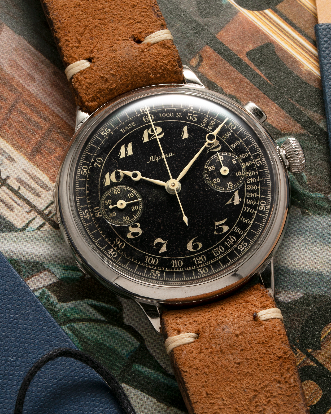 Brand: Alpina Model: Monopusher Chronograph Serial Number: 392919 Year: 1930’s Material: Nickel Chrome Movement: Modified Landeron-Hahn Caliber, Manual-Winding Case Diameter: 41mm Lug Width: 18mm Strap: Unnamed Open End Distressed Brown Leather Strap