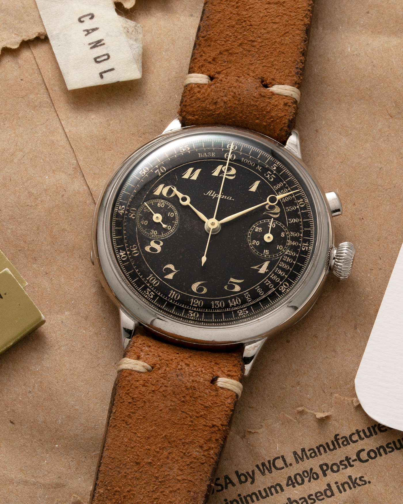 Brand: Alpina Model: Monopusher Chronograph Serial Number: 392919 Year: 1930’s Material: Nickel Chrome Movement: Modified Landeron-Hahn Caliber, Manual-Winding Case Diameter: 41mm Lug Width: 18mm Strap: Unnamed Open End Distressed Brown Leather Strap