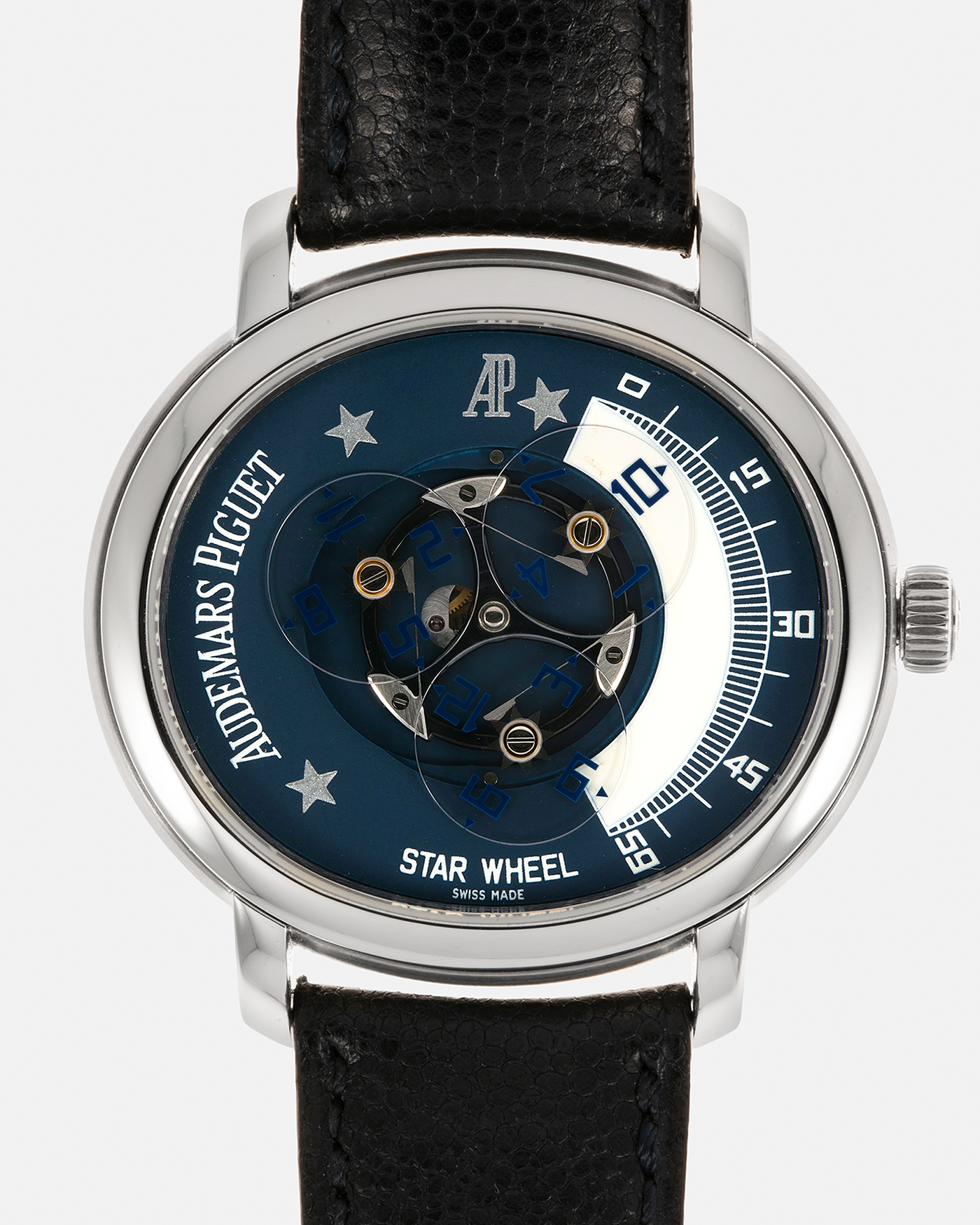 Brand: Audemars Piguet Year: 2000 Model: Millenary ‘Star Wheel’, Limited to 125 Pieces in this Metal Reference Number: 25898ST Material: Stainless Steel  Movement: Audemars Piguet Cal. 2224, Self-Winding Case Diameter: 41mm Lug Width: 20mm Bracelet: Audemars Piguet Black Grained Calf Leather Strap with Signed Stainless Steel ‘AP’ Deployant Buckle