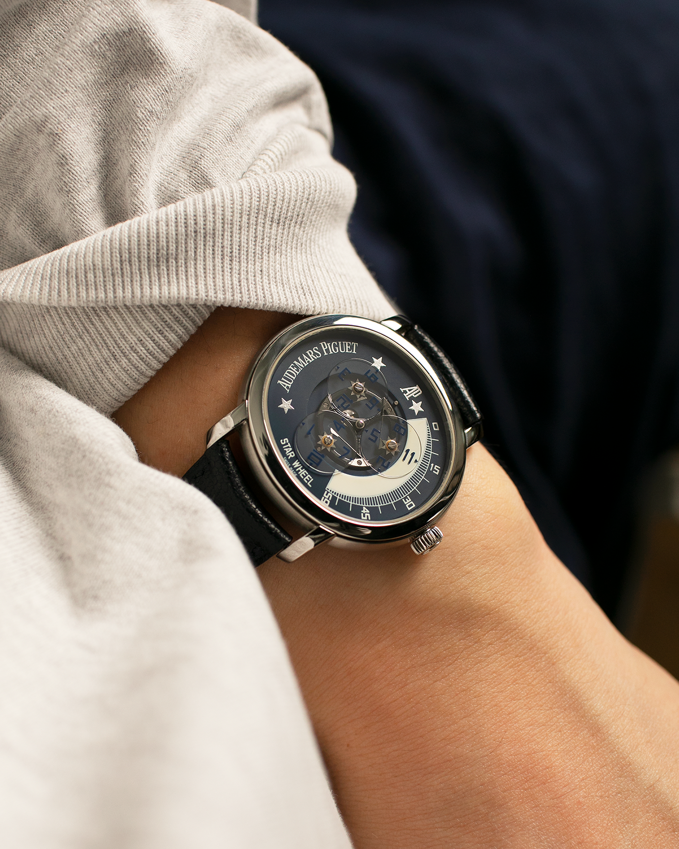 Brand: Audemars Piguet Year: 2000 Model: Millenary ‘Star Wheel’, Limited to 125 Pieces in this Metal Reference Number: 25898ST Material: Stainless Steel  Movement: Audemars Piguet Cal. 2224, Self-Winding Case Diameter: 41mm Lug Width: 20mm Bracelet: Audemars Piguet Black Grained Calf Leather Strap with Signed Stainless Steel ‘AP’ Deployant Buckle