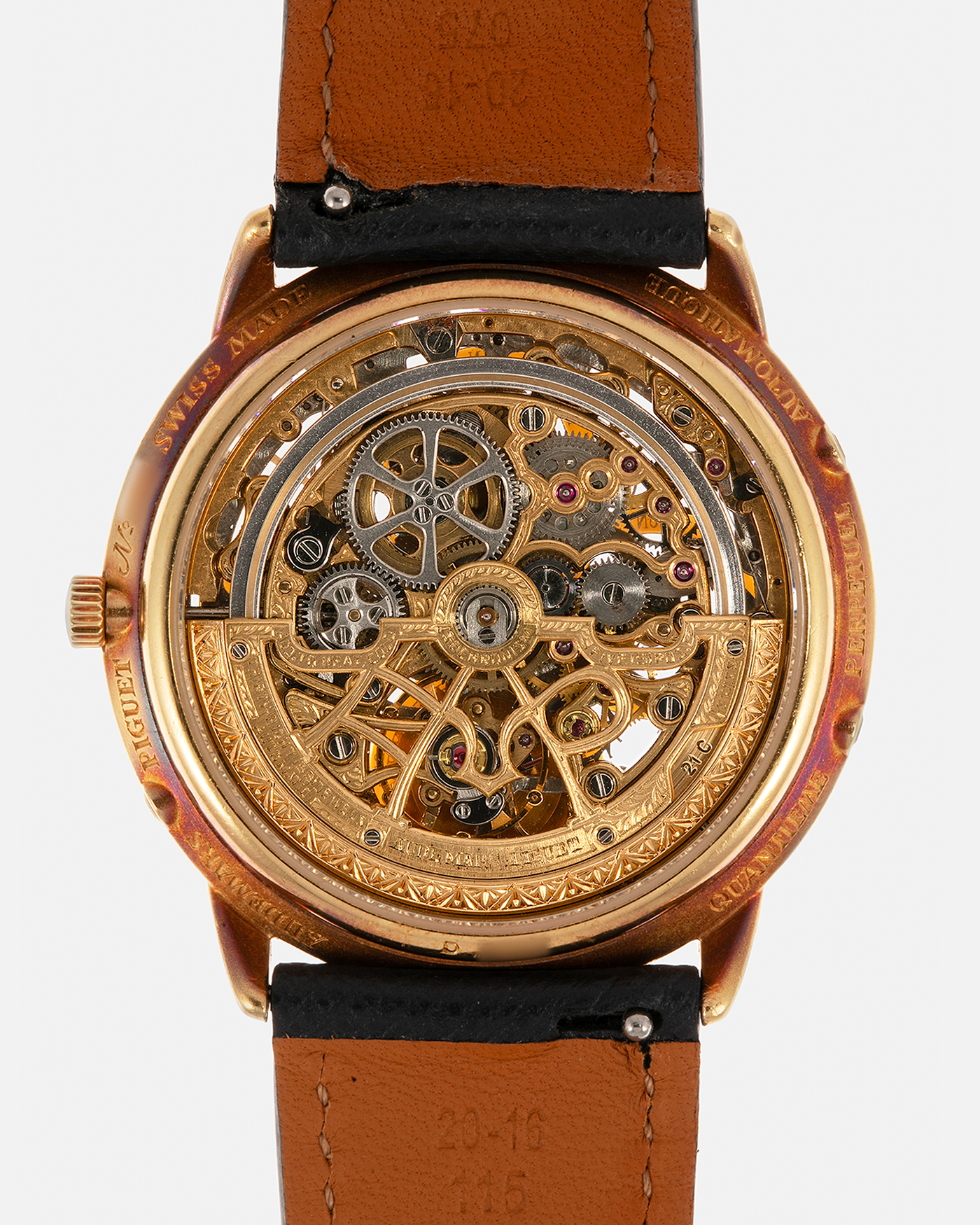Brand: Audemars Piguet Year: 1980’s Model: Quantieme Perpetual Calendar Openworked Reference Number: 25668BA Material: 18-carat Yellow Gold Movement: Audemars Piguet Cal. 2120/2800, Self-Winding Case Dimensions: 36mm x 8mm (Lug-to-Lug 37mm) Lug Width: 20mm Strap: Molequin Dark Navy Textured Calf Leather Strap with Signed 18-carat Yellow Gold Tang Buckle