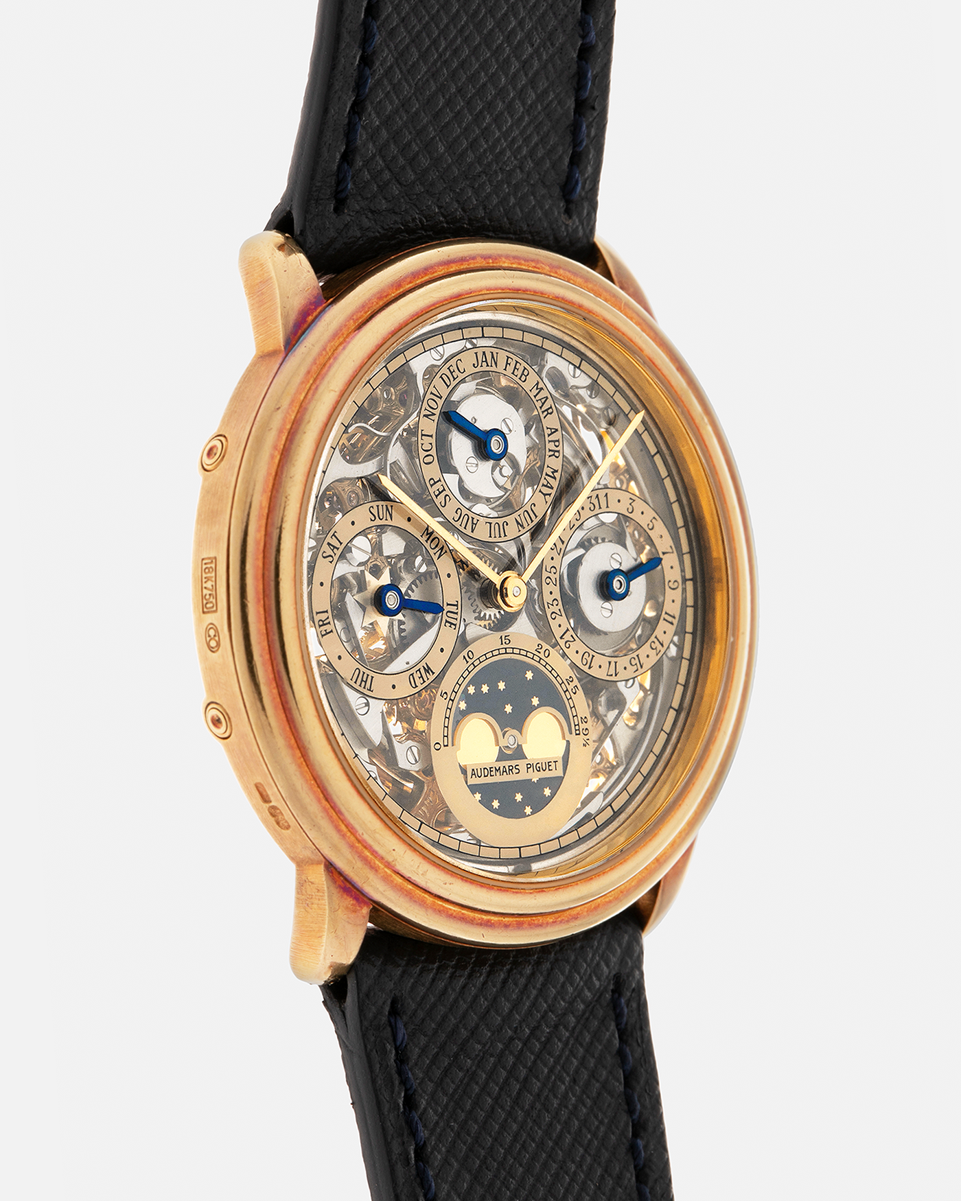 Brand: Audemars Piguet Year: 1980’s Model: Quantieme Perpetual Calendar Openworked Reference Number: 25668BA Material: 18-carat Yellow Gold Movement: Audemars Piguet Cal. 2120/2800, Self-Winding Case Dimensions: 36mm x 8mm (Lug-to-Lug 37mm) Lug Width: 20mm Strap: Molequin Dark Navy Textured Calf Leather Strap with Signed 18-carat Yellow Gold Tang Buckle
