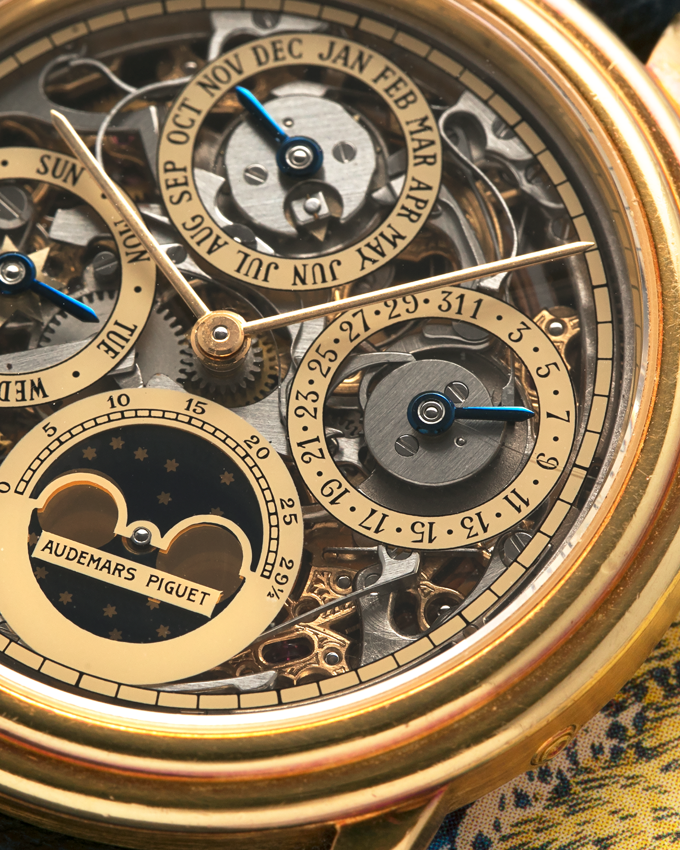 Brand: Audemars Piguet Year: 1980’s Model: Quantieme Perpetual Calendar Openworked Reference Number: 25668BA Material: 18-carat Yellow Gold Movement: Audemars Piguet Cal. 2120/2800, Self-Winding Case Dimensions: 36mm x 8mm (Lug-to-Lug 37mm) Lug Width: 20mm Strap: Molequin Dark Navy Textured Calf Leather Strap with Signed 18-carat Yellow Gold Tang Buckle