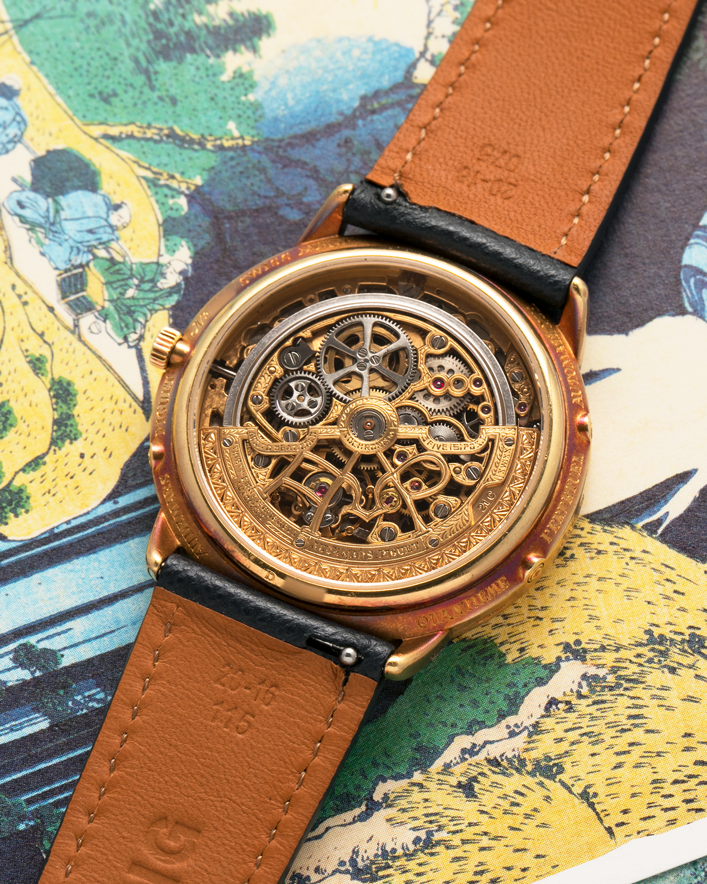 Brand: Audemars Piguet Year: 1980’s Model: Quantieme Perpetual Calendar Openworked Reference Number: 25668BA Material: 18-carat Yellow Gold Movement: Audemars Piguet Cal. 2120/2800, Self-Winding Case Dimensions: 36mm x 8mm (Lug-to-Lug 37mm) Lug Width: 20mm Strap: Molequin Dark Navy Textured Calf Leather Strap with Signed 18-carat Yellow Gold Tang Buckle